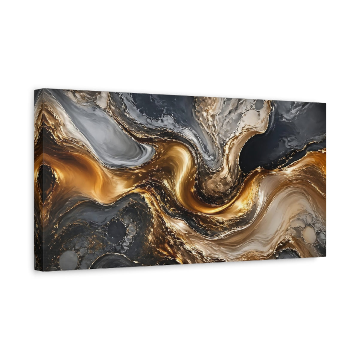 Side Mockup 3. Abstract Marble Gold And Grey Abstract shown as stretched canvas wall art