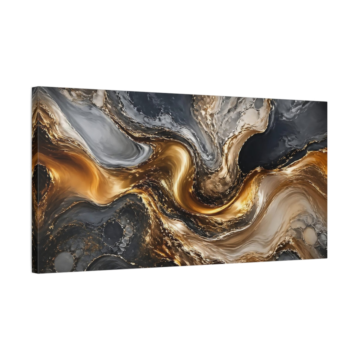 Side Mockup 1. Abstract Marble Gold And Grey Abstract shown as stretched canvas wall art