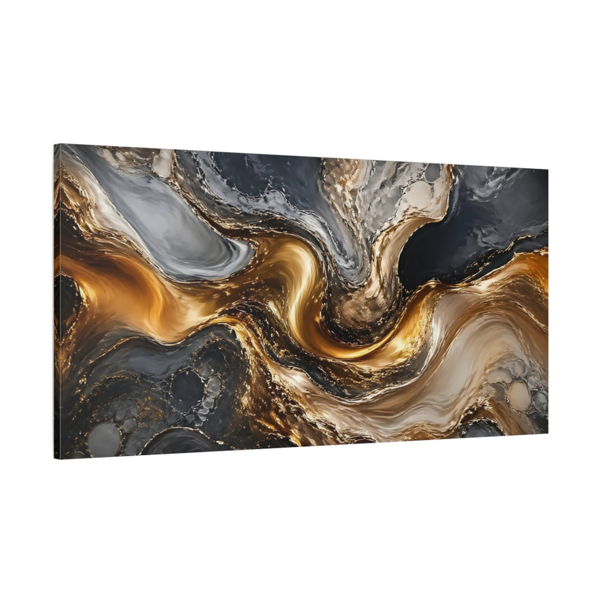 Side Mockup 2. Abstract Marble Gold And Grey Abstract shown as stretched canvas wall art