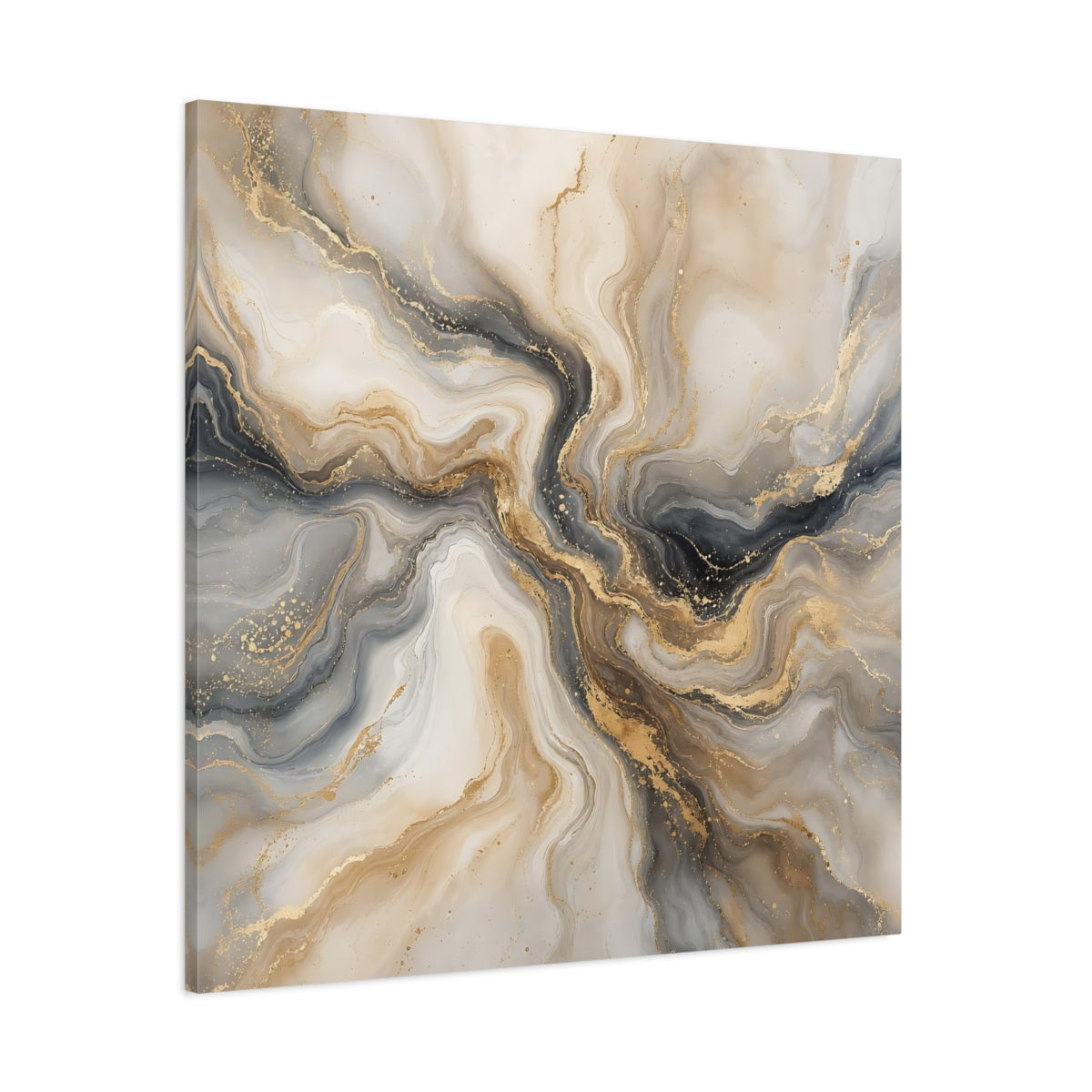 Side Mockup 1. Abstract Marble Gold And Grey shown as stretched canvas wall art