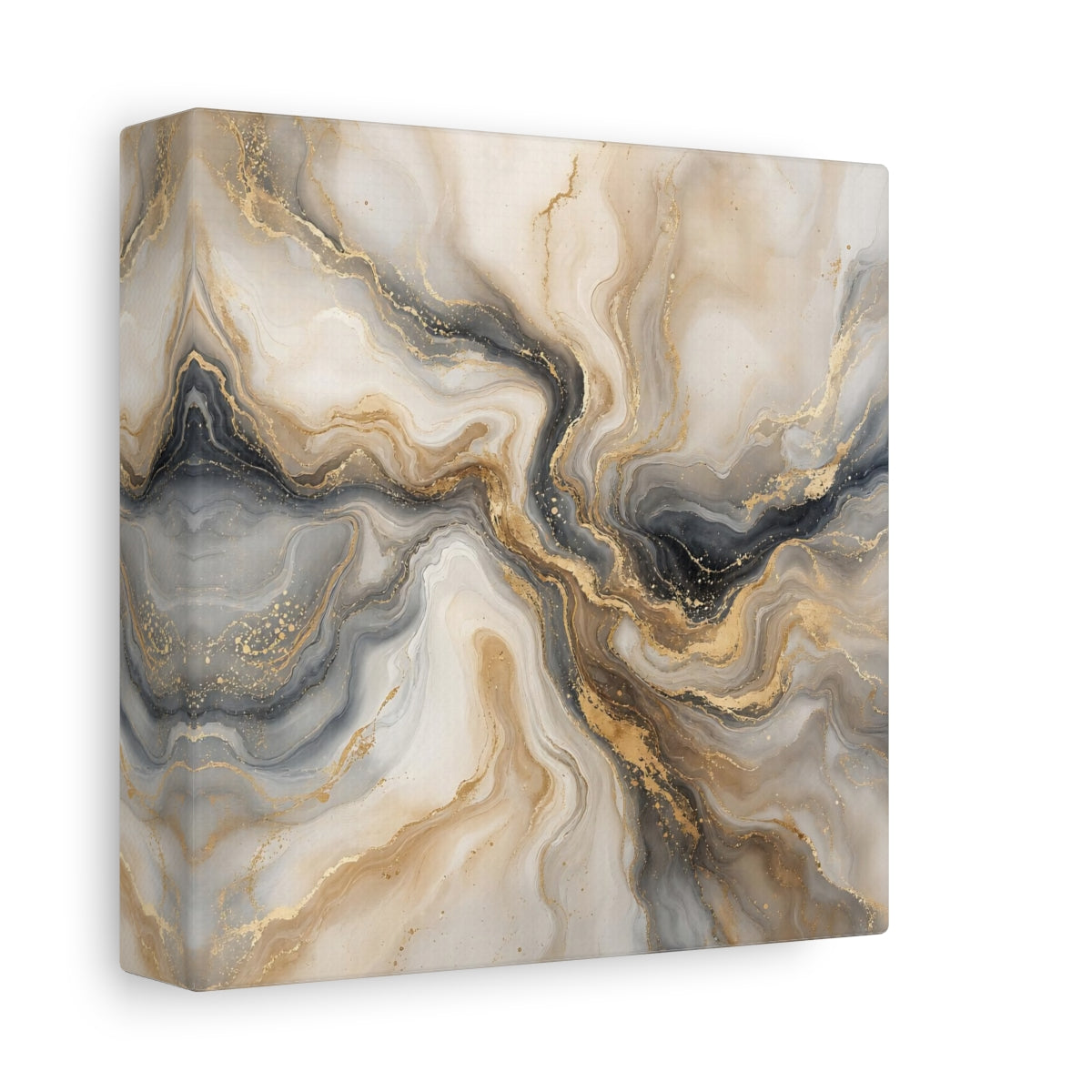 Side Mockup 2. Abstract Marble Gold And Grey shown as stretched canvas wall art