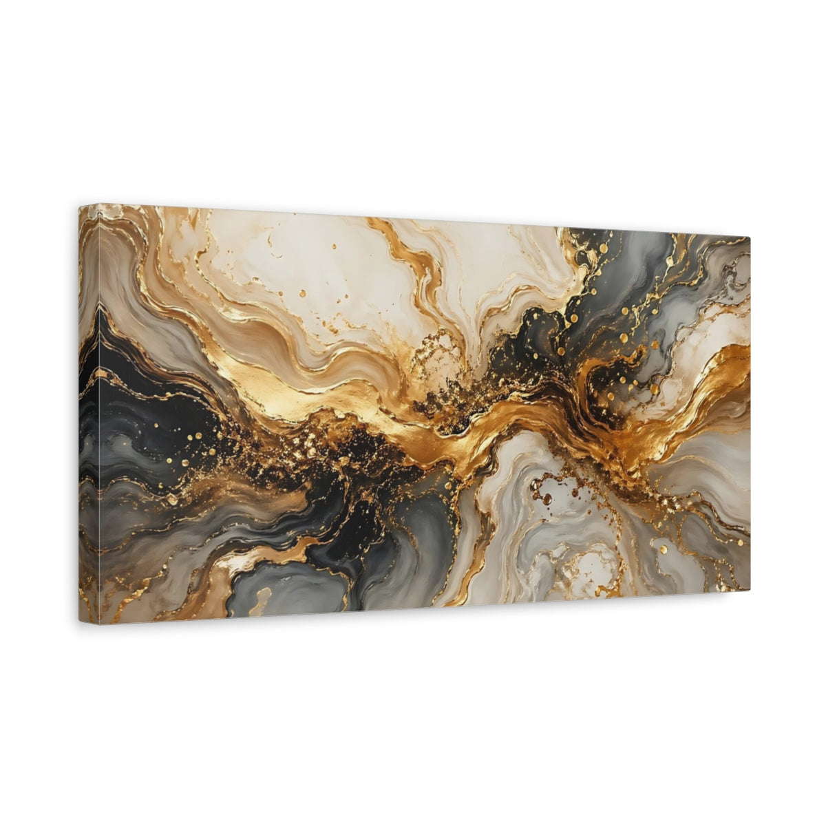 Side Mockup 3. Abstract Abstract Marble Gold And Grey shown as stretched canvas wall art