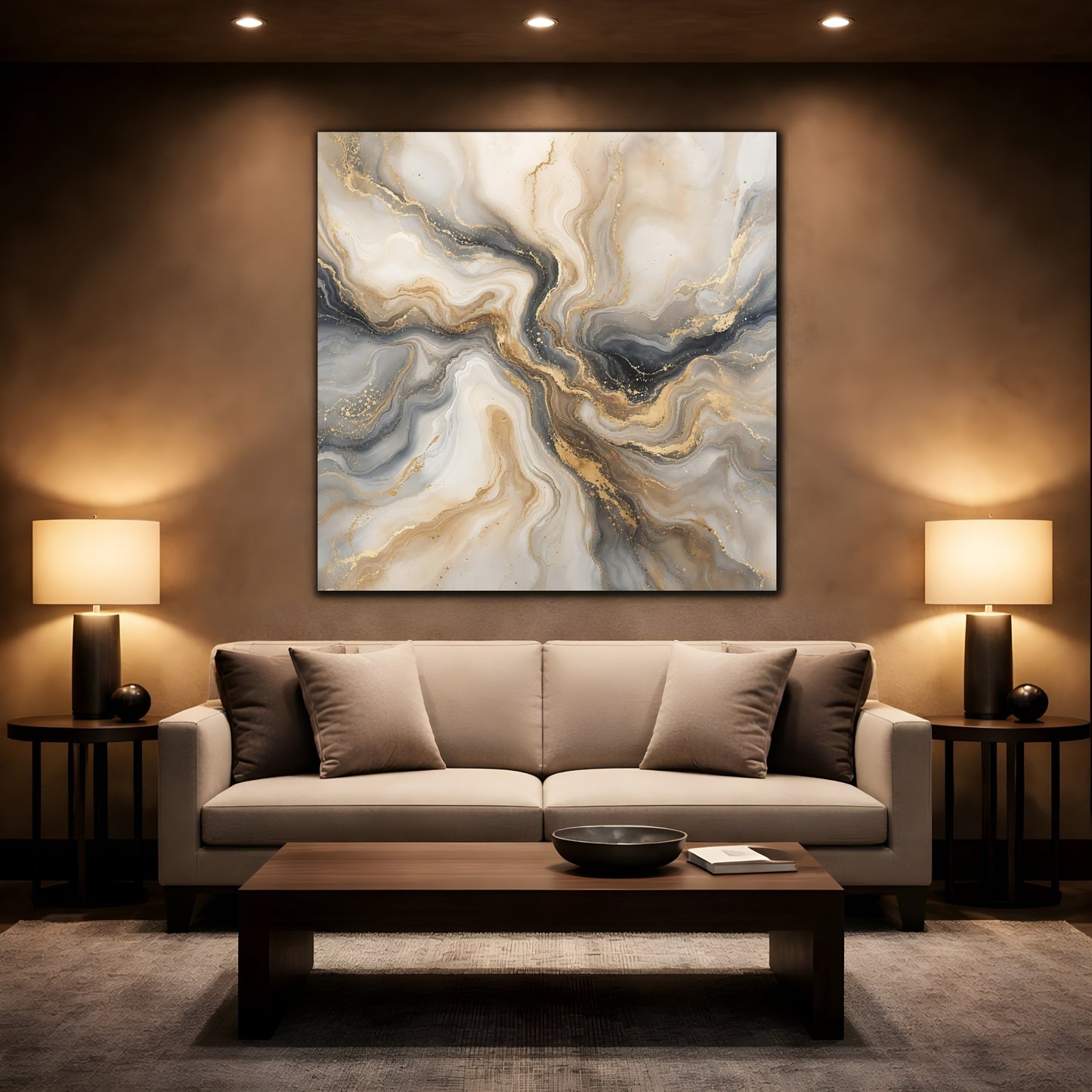 Mockup 2. Abstract Marble Gold And Grey shown as stretched canvas wall art