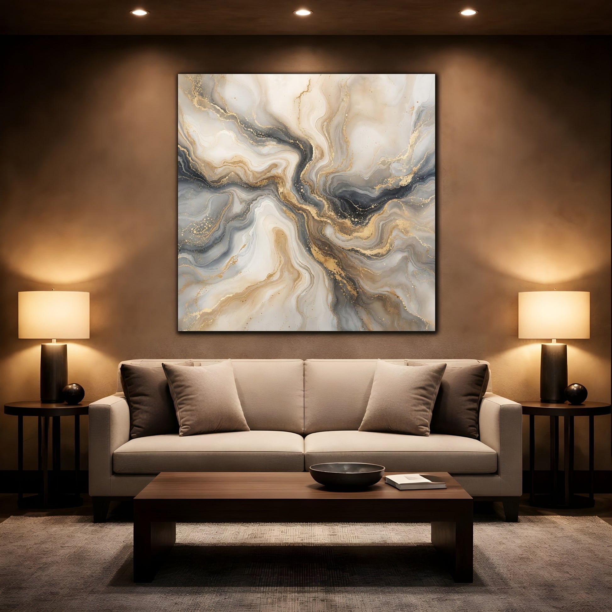 Mockup 2. Abstract Marble Gold And Grey shown as stretched canvas wall art