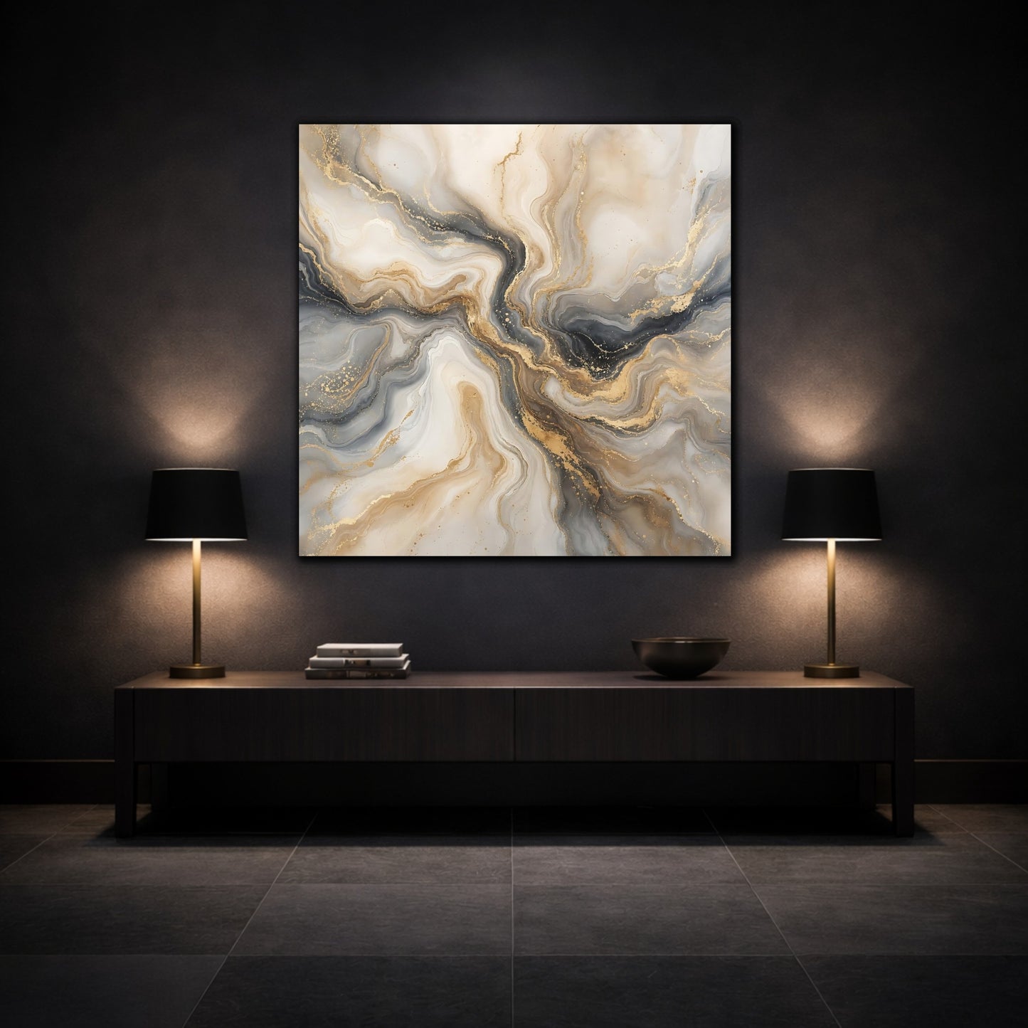 Mockup 3. Abstract Marble Gold And Grey shown as stretched canvas wall art