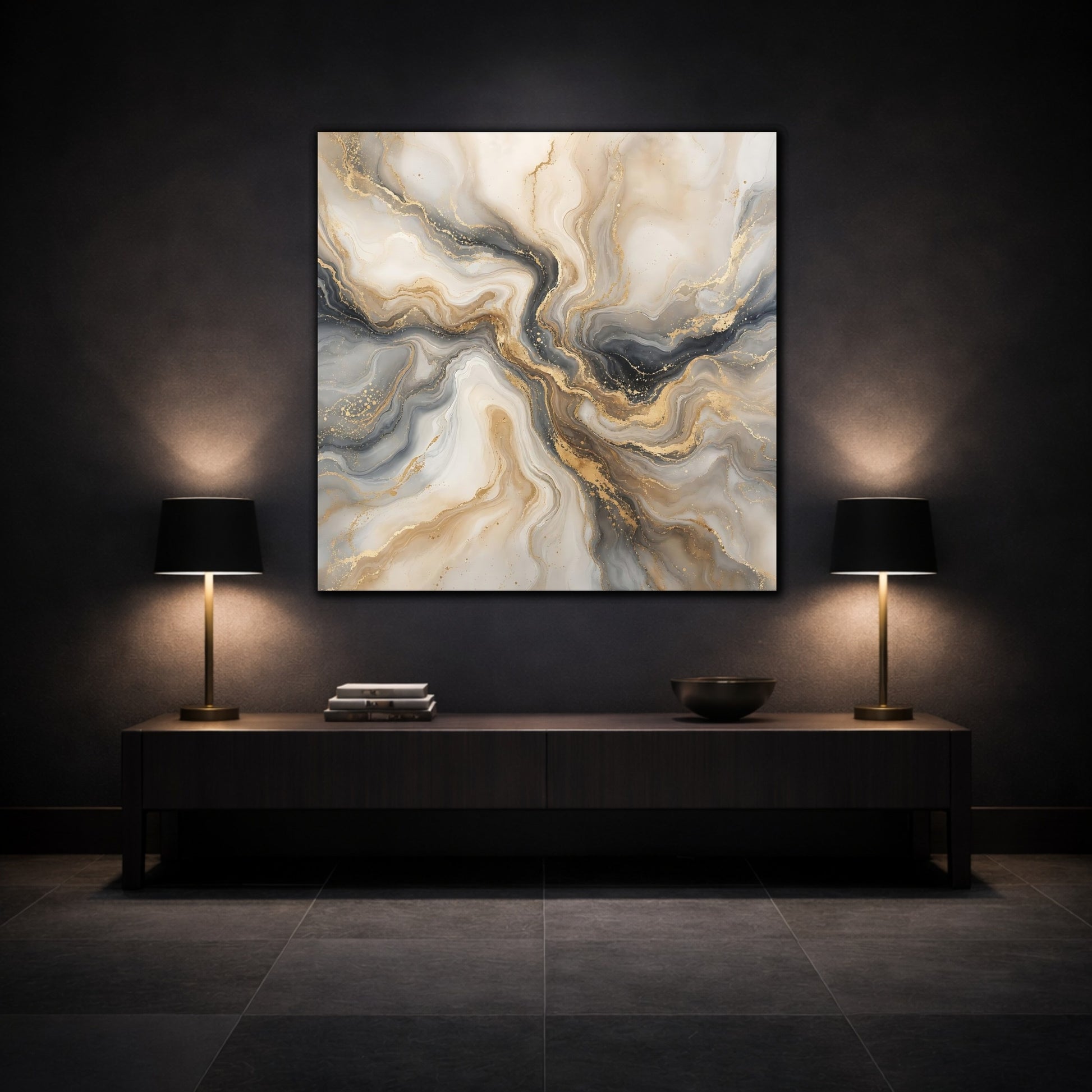 Mockup 3. Abstract Marble Gold And Grey shown as stretched canvas wall art