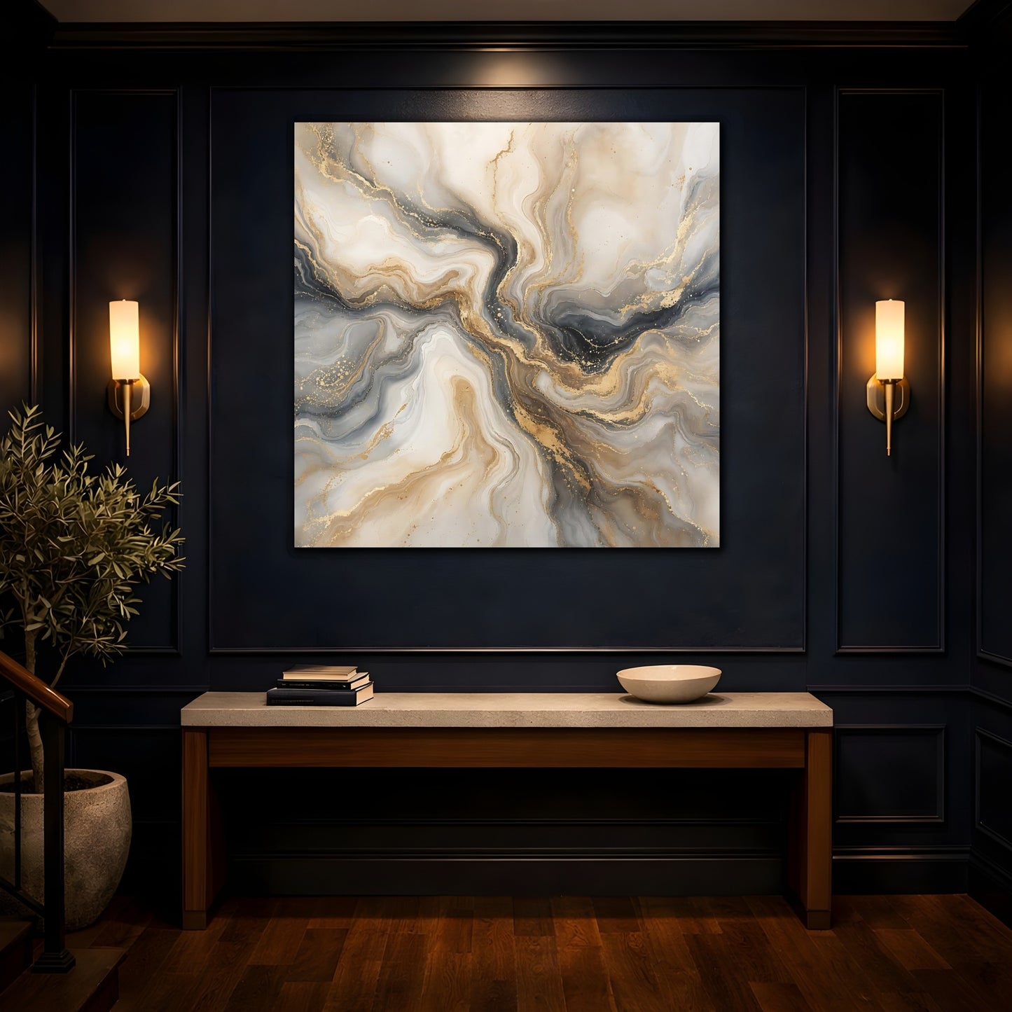Mockup 4. Abstract Marble Gold And Grey shown as stretched canvas wall art