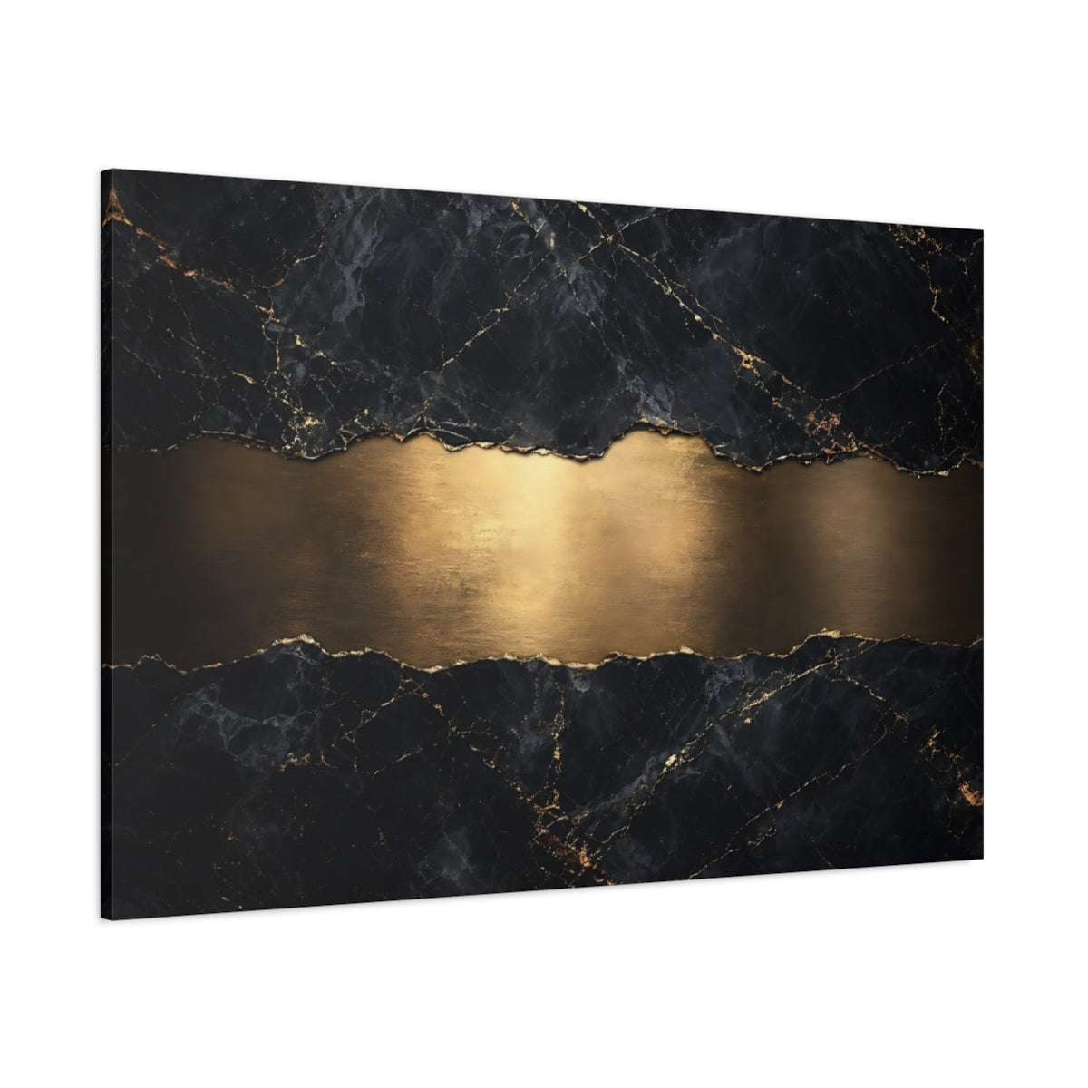 Side Mockup 1. Abstract Marble Gold Black And Gold shown as stretched canvas wall art