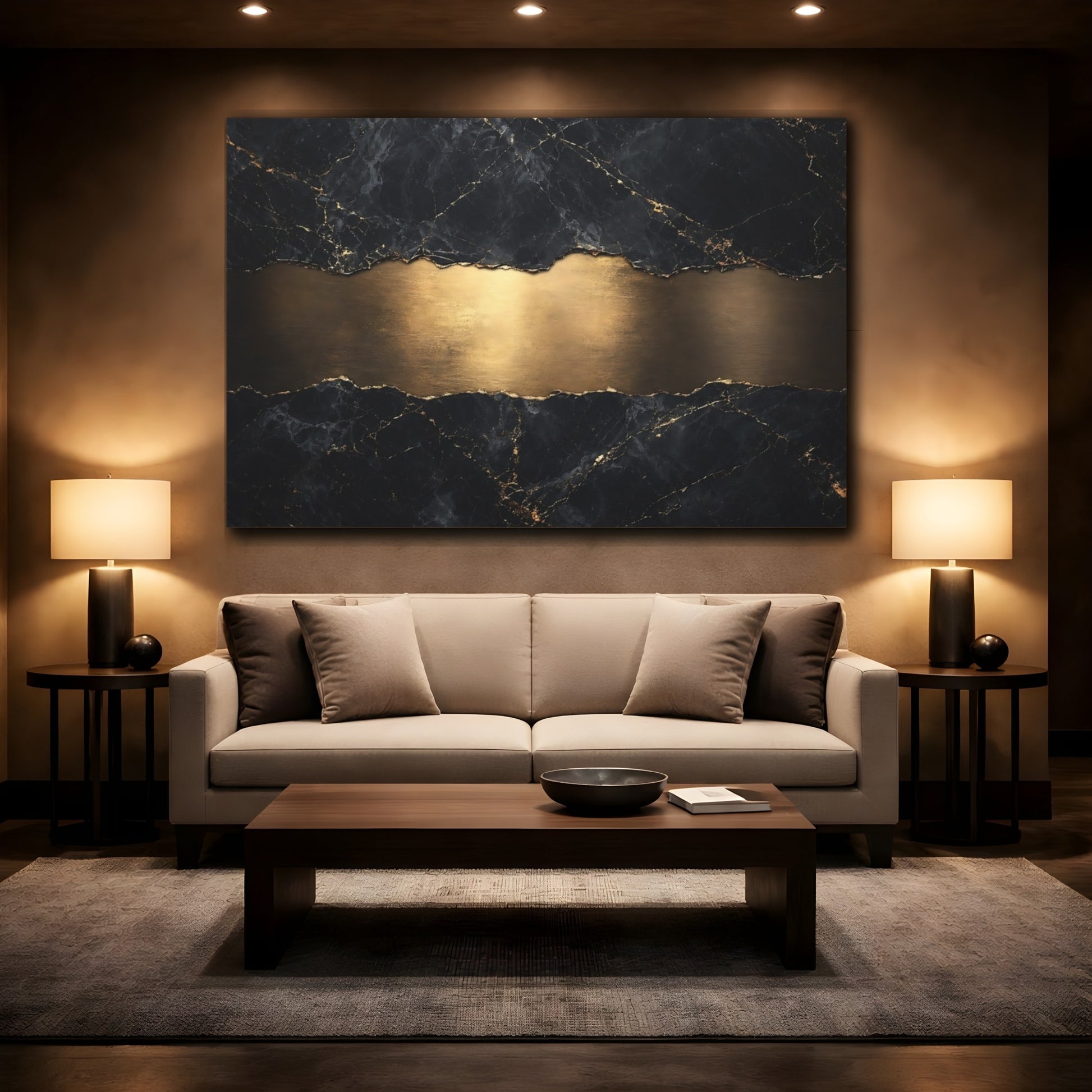 Mockup 2. Abstract Marble Gold Black And Gold shown as stretched canvas wall art