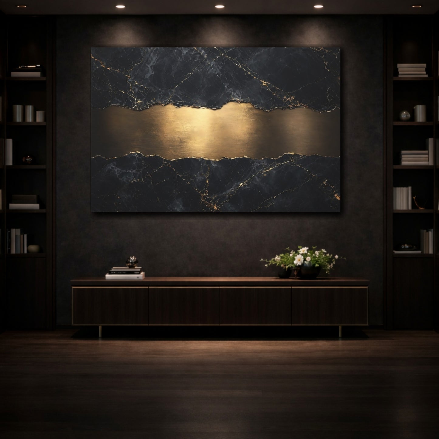 Mockup 3. Abstract Marble Gold Black And Gold shown as stretched canvas wall art