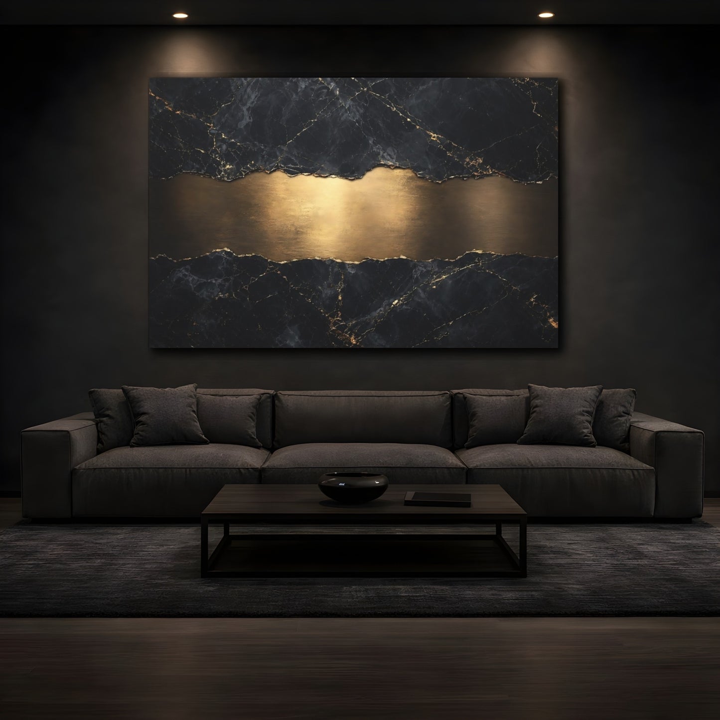 Mockup 4. Abstract Marble Gold Black And Gold shown as stretched canvas wall art
