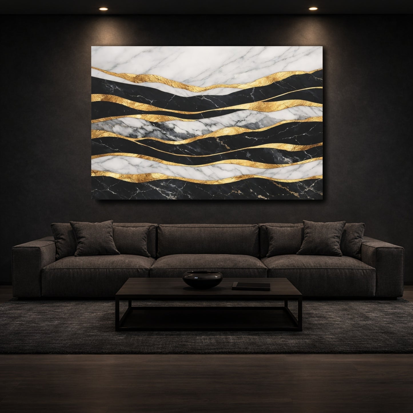 Mockup 2. Abstract Marble Gold Black White Gold Abstract shown as stretched canvas wall art
