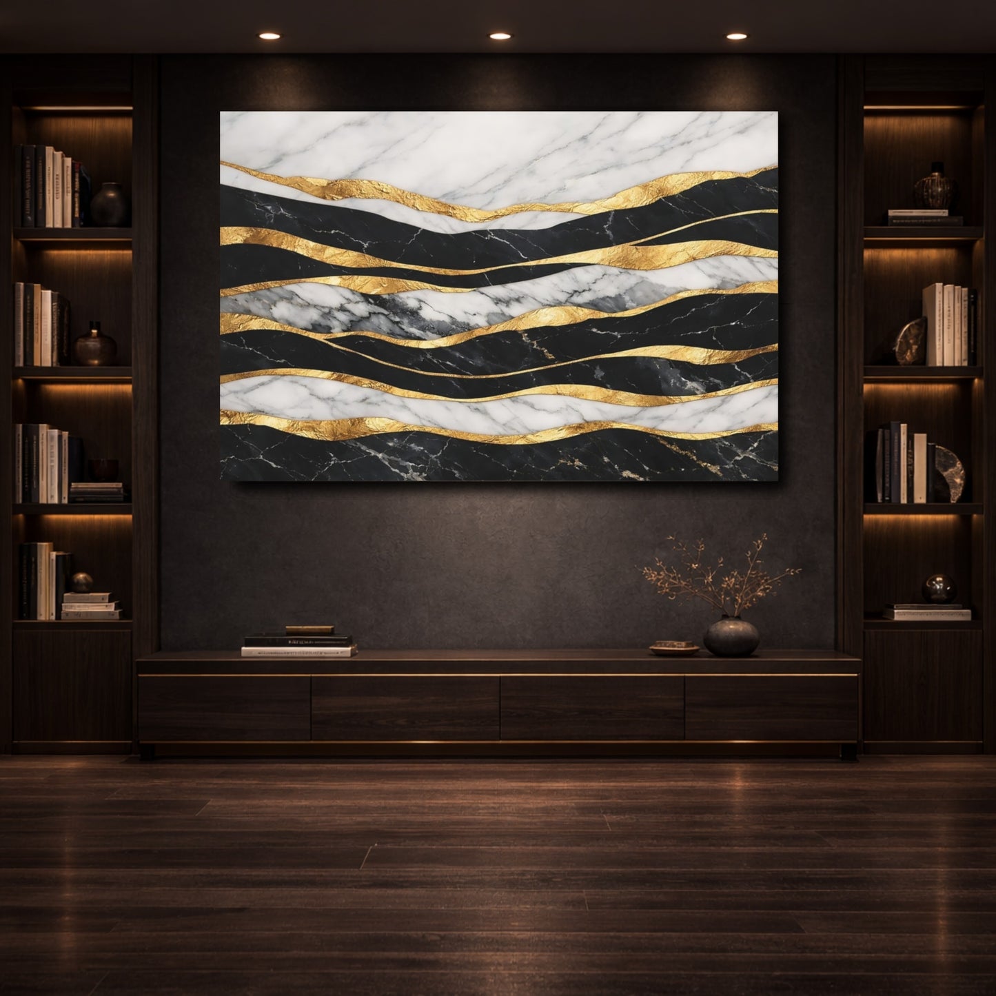 Mockup 3. Abstract Marble Gold Black White Gold Abstract shown as stretched canvas wall art