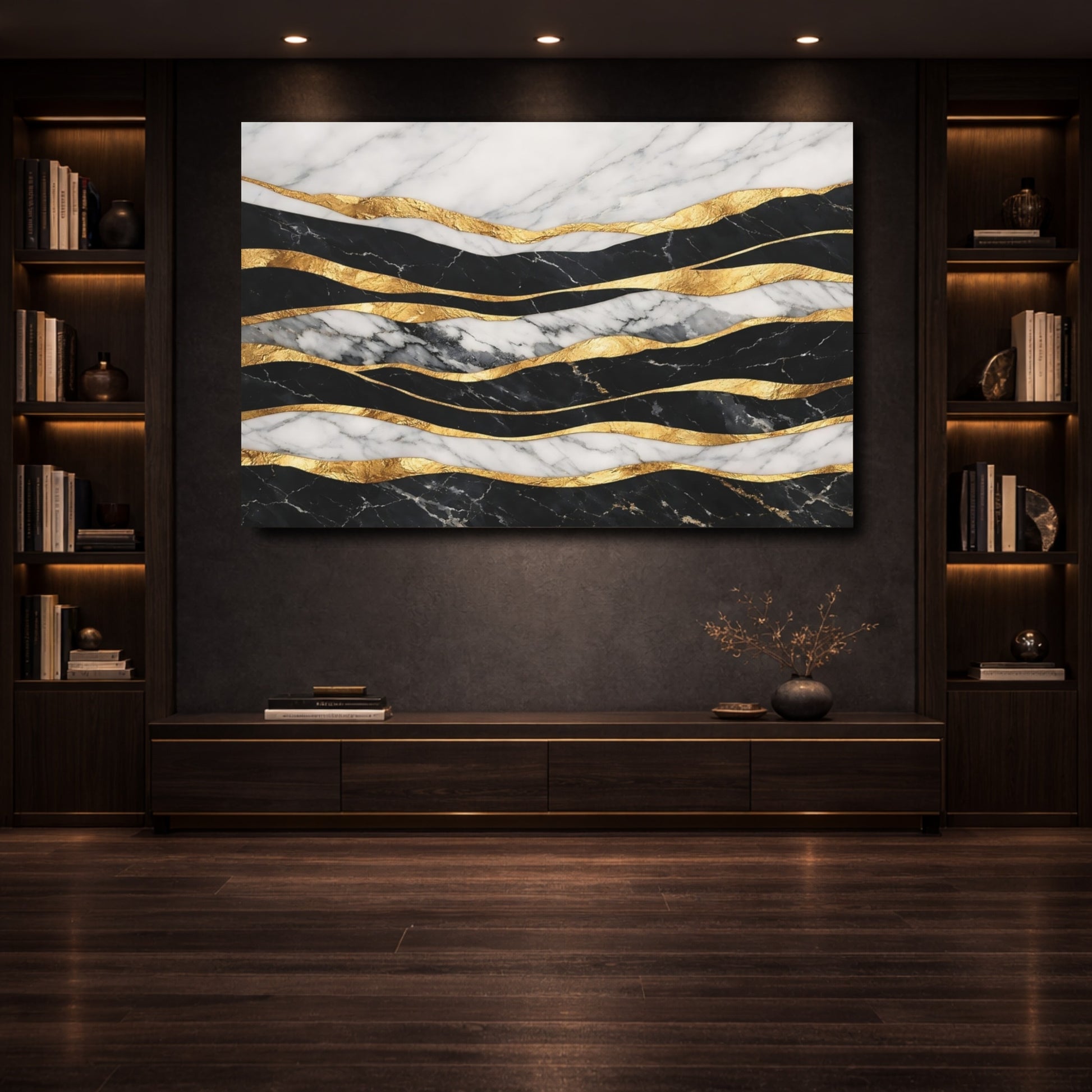 Mockup 3. Abstract Marble Gold Black White Gold Abstract shown as stretched canvas wall art