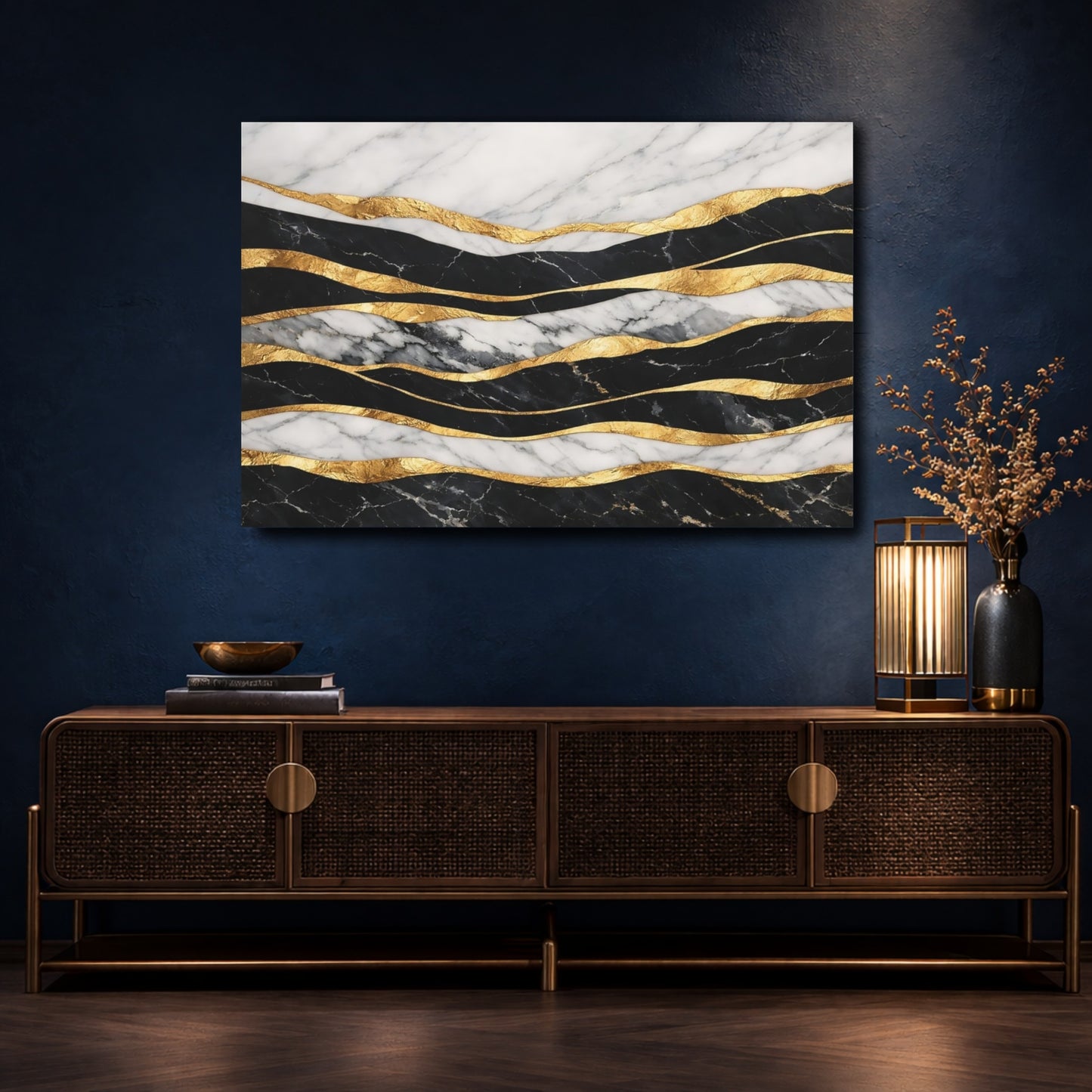 Mockup 4. Abstract Marble Gold Black White Gold Abstract shown as stretched canvas wall art