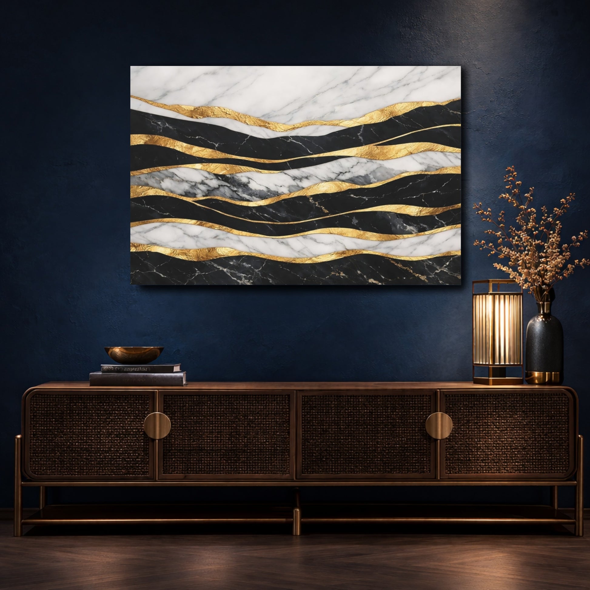 Mockup 4. Abstract Marble Gold Black White Gold Abstract shown as stretched canvas wall art