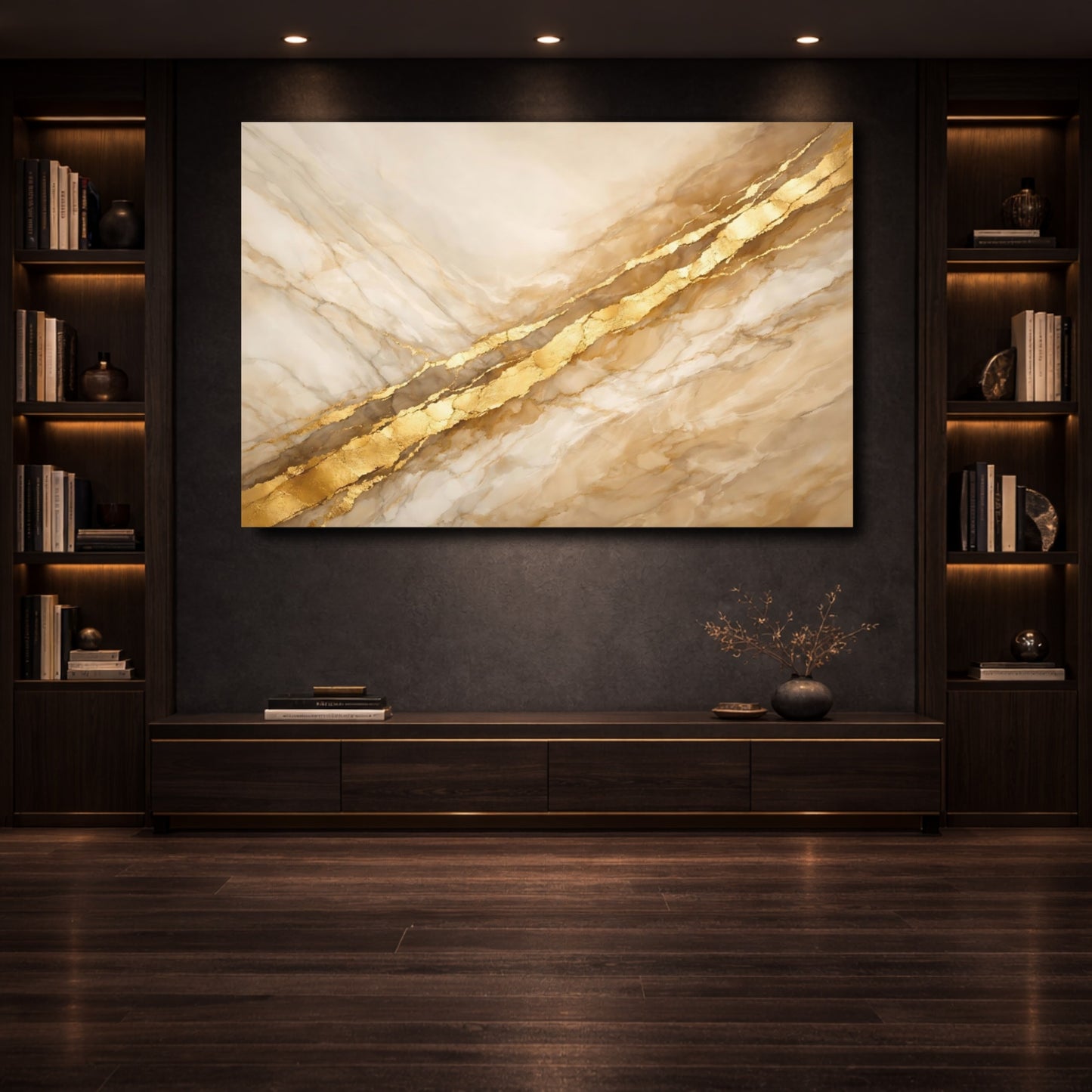 Mockup 3. Abstract Marble Gold Gold Marble shown as stretched canvas wall art
