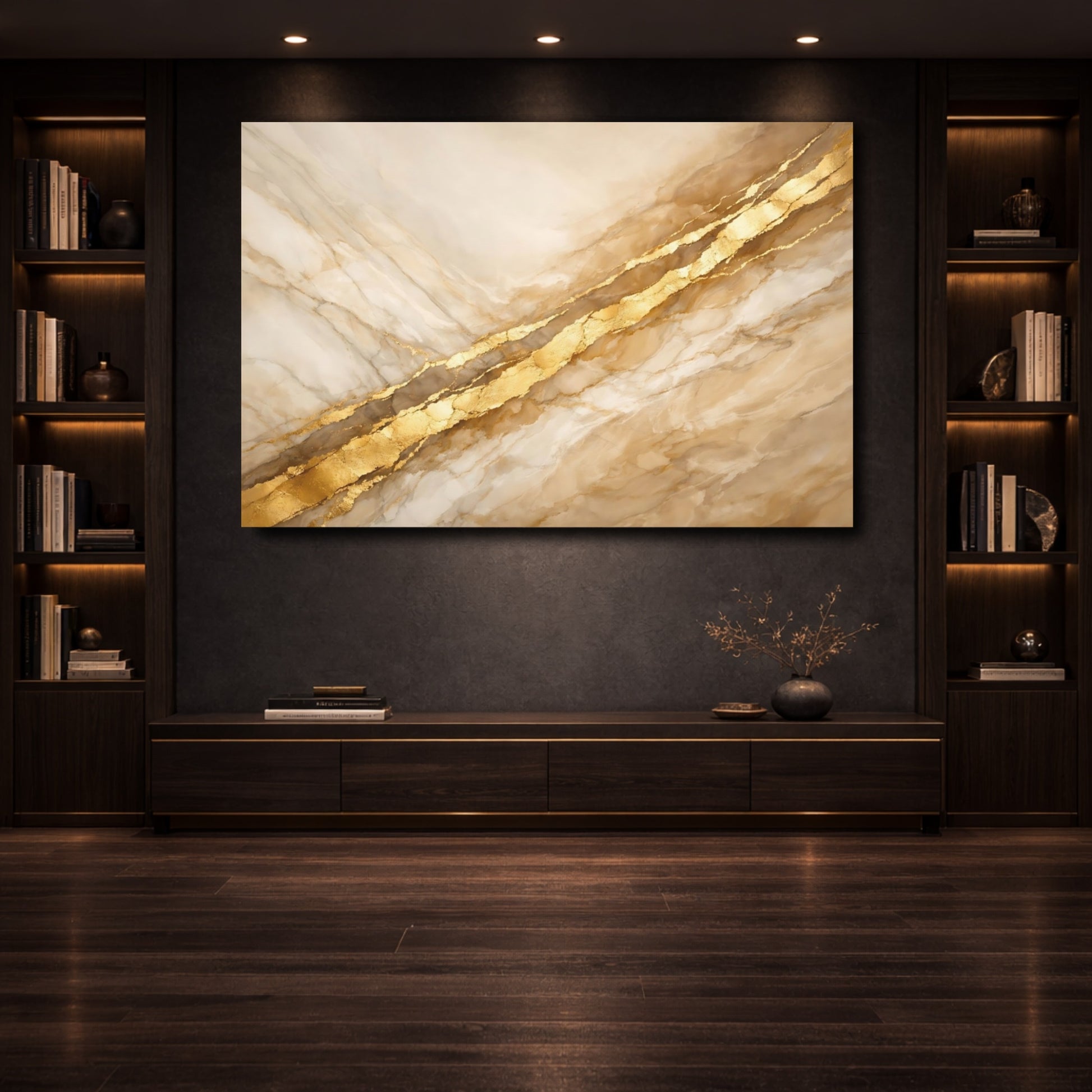 Mockup 3. Abstract Marble Gold Gold Marble shown as stretched canvas wall art