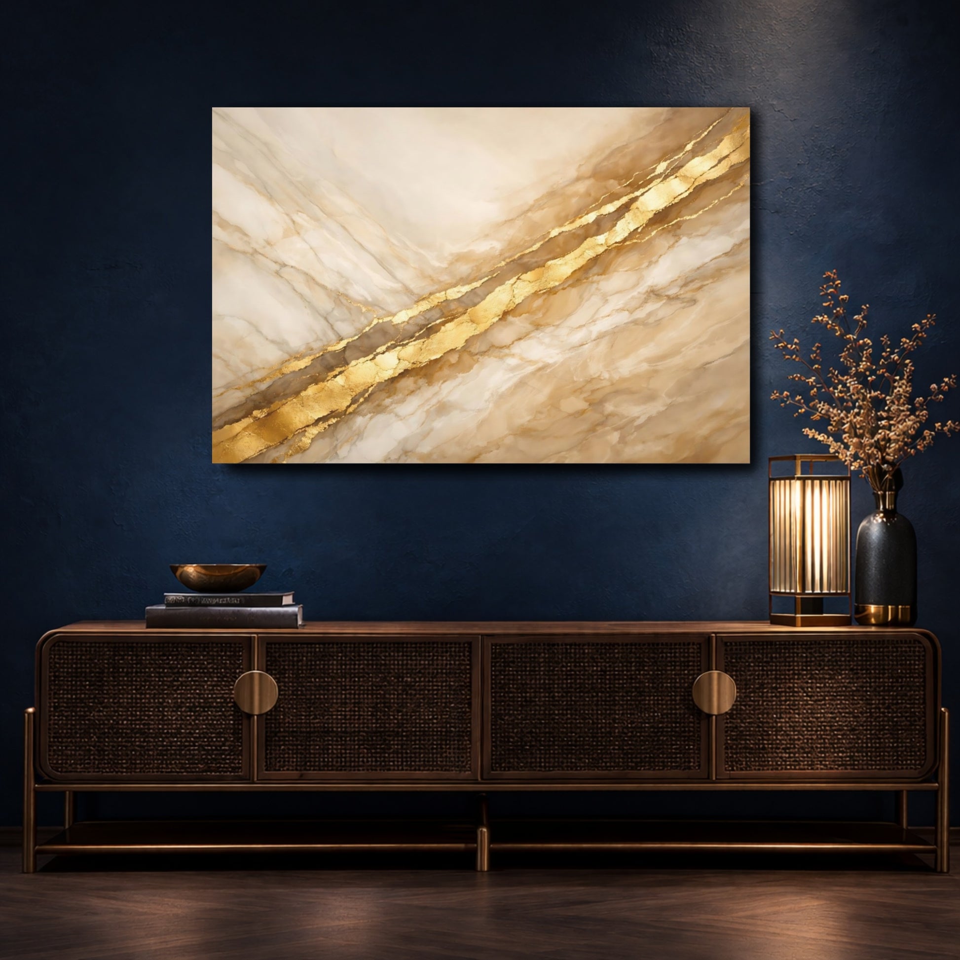 Mockup 4. Abstract Marble Gold Gold Marble shown as stretched canvas wall art