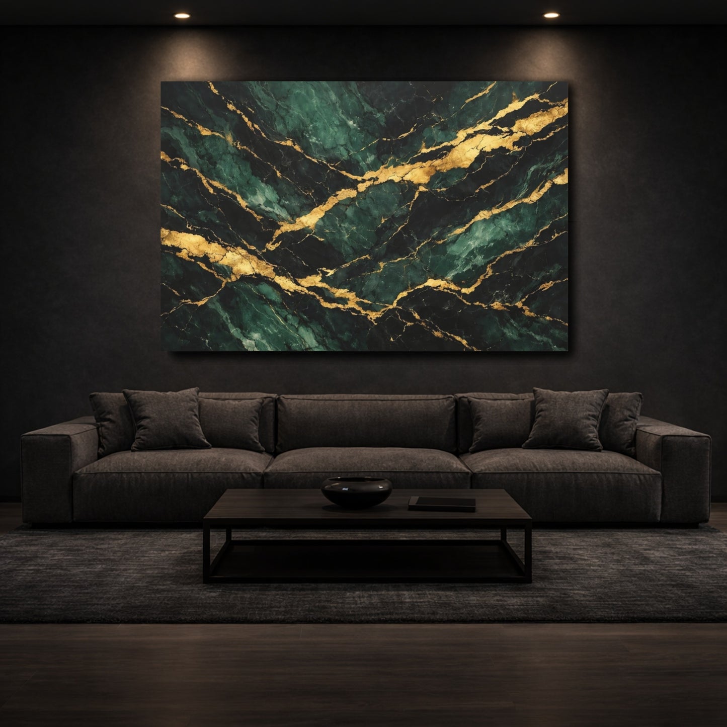 Mockup 2. Abstract Marble Green Gold Marble shown as stretched canvas wall art