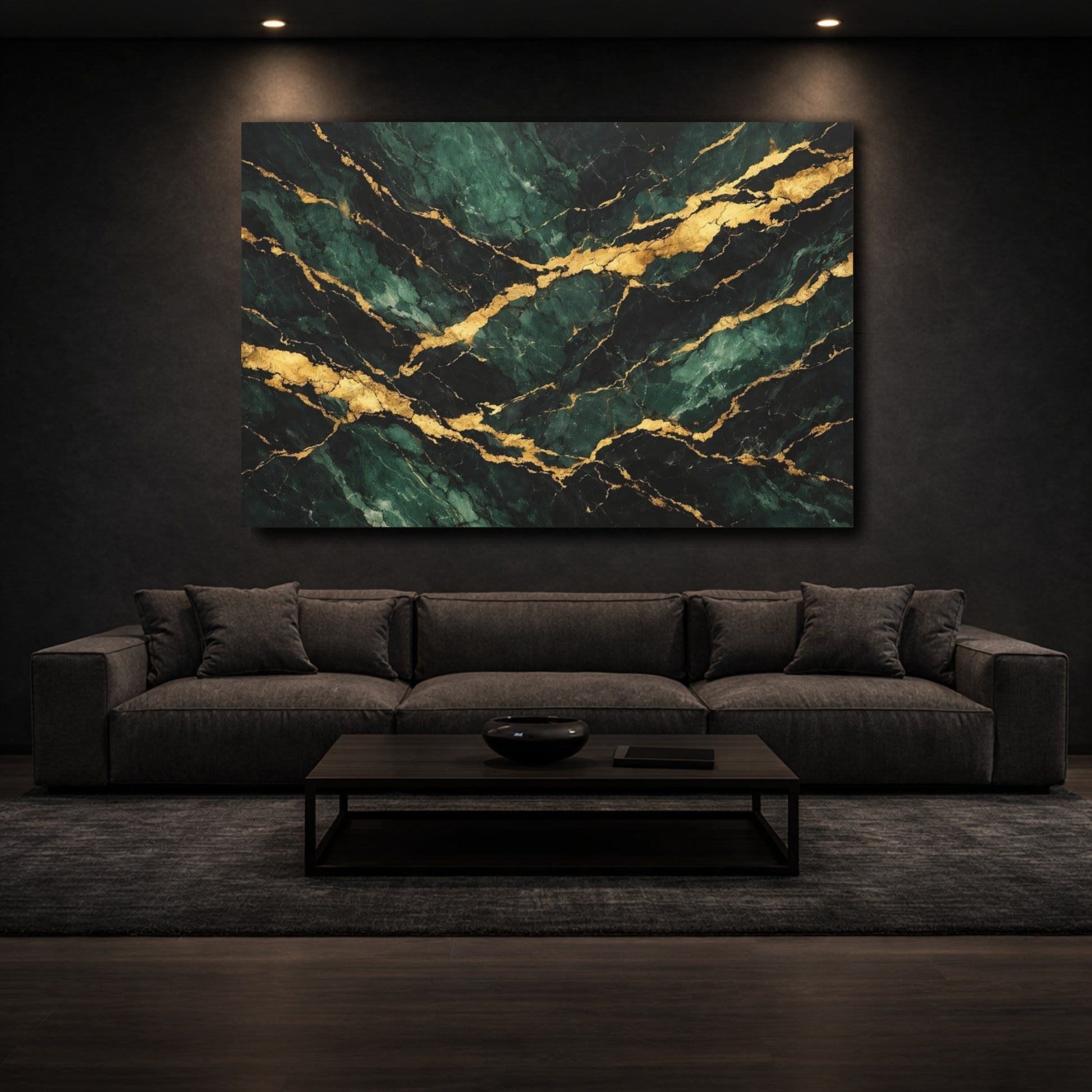 Mockup 2. Abstract Marble Green Gold Marble shown as stretched canvas wall art