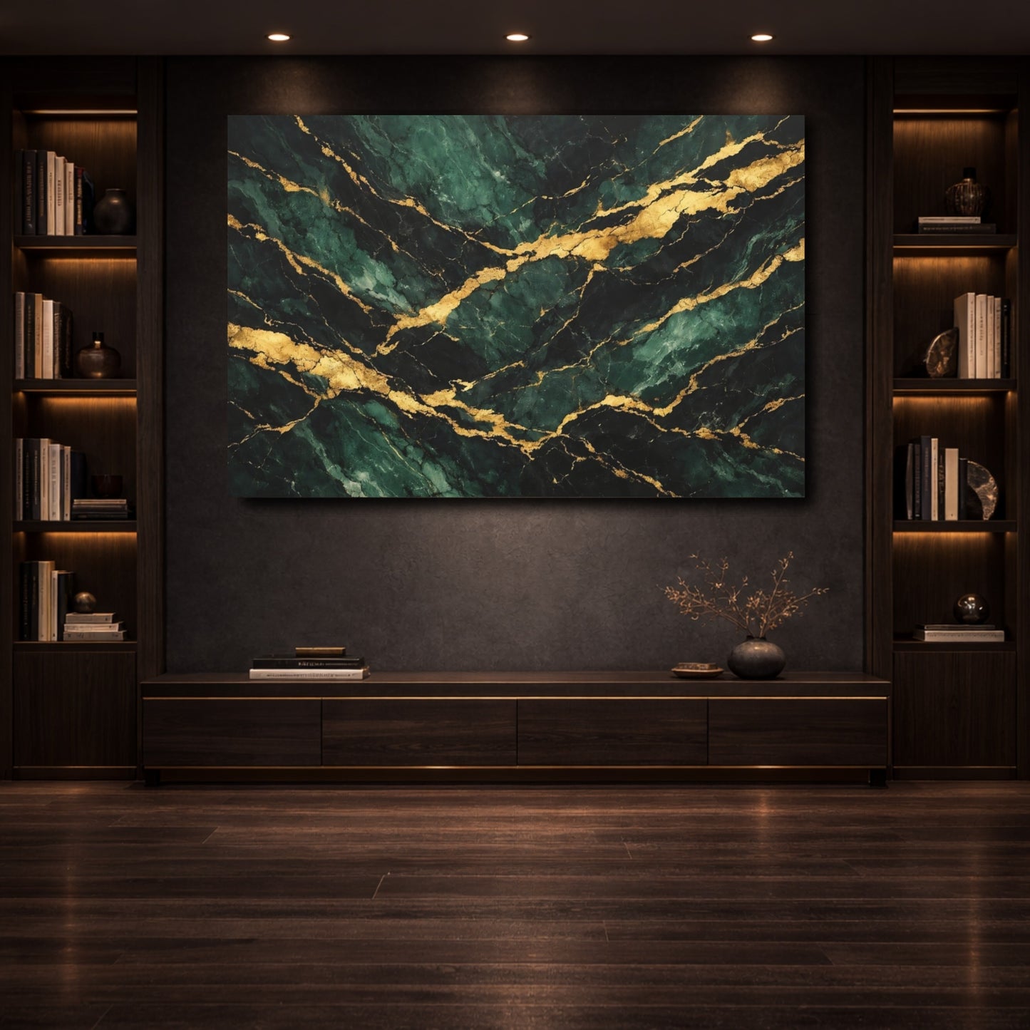 Mockup 3. Abstract Marble Green Gold Marble shown as stretched canvas wall art