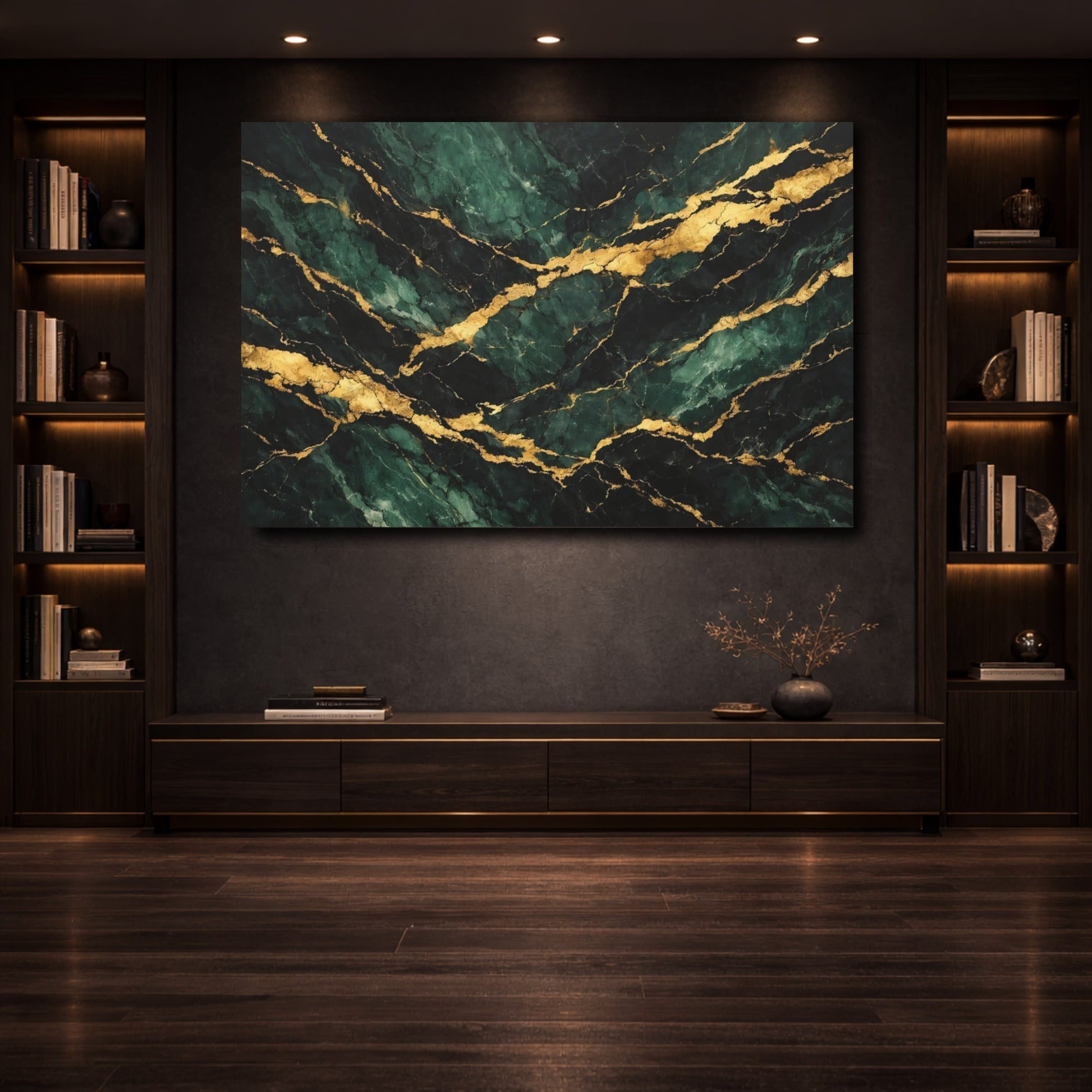 Mockup 3. Abstract Marble Green Gold Marble shown as stretched canvas wall art