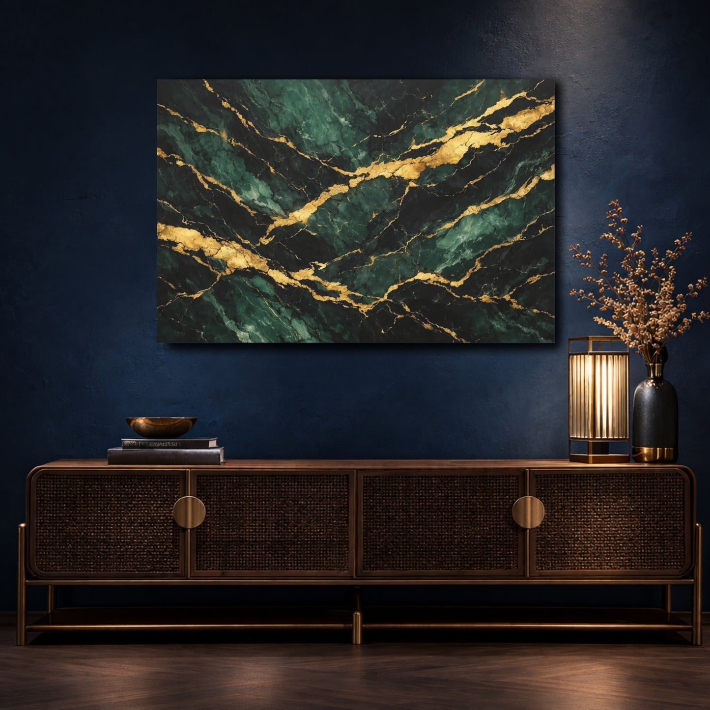 Mockup 4. Abstract Marble Green Gold Marble shown as stretched canvas wall art