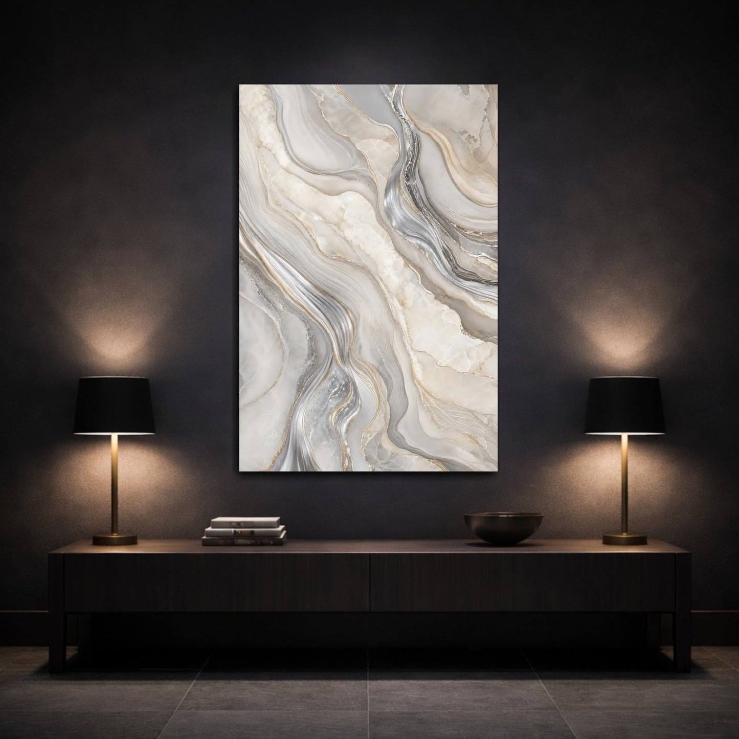 Abstract Marble Grey Gold Canvas Print – Modern Living Room, Above Console Table - YesArtYes