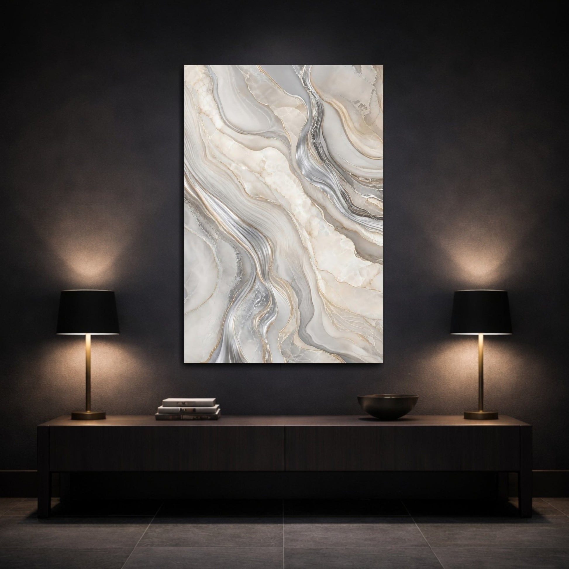Abstract Marble Grey Gold Canvas Print – Modern Living Room, Above Console Table - YesArtYes