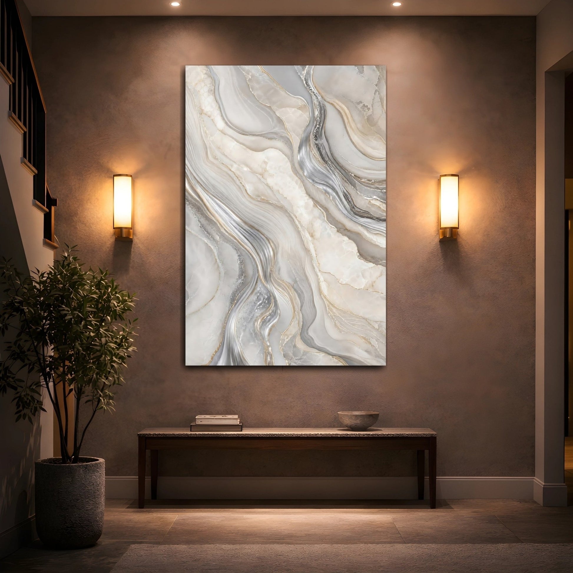 Abstract Marble Grey Gold Canvas Print – Modern Living Room, Above Console Table - YesArtYes