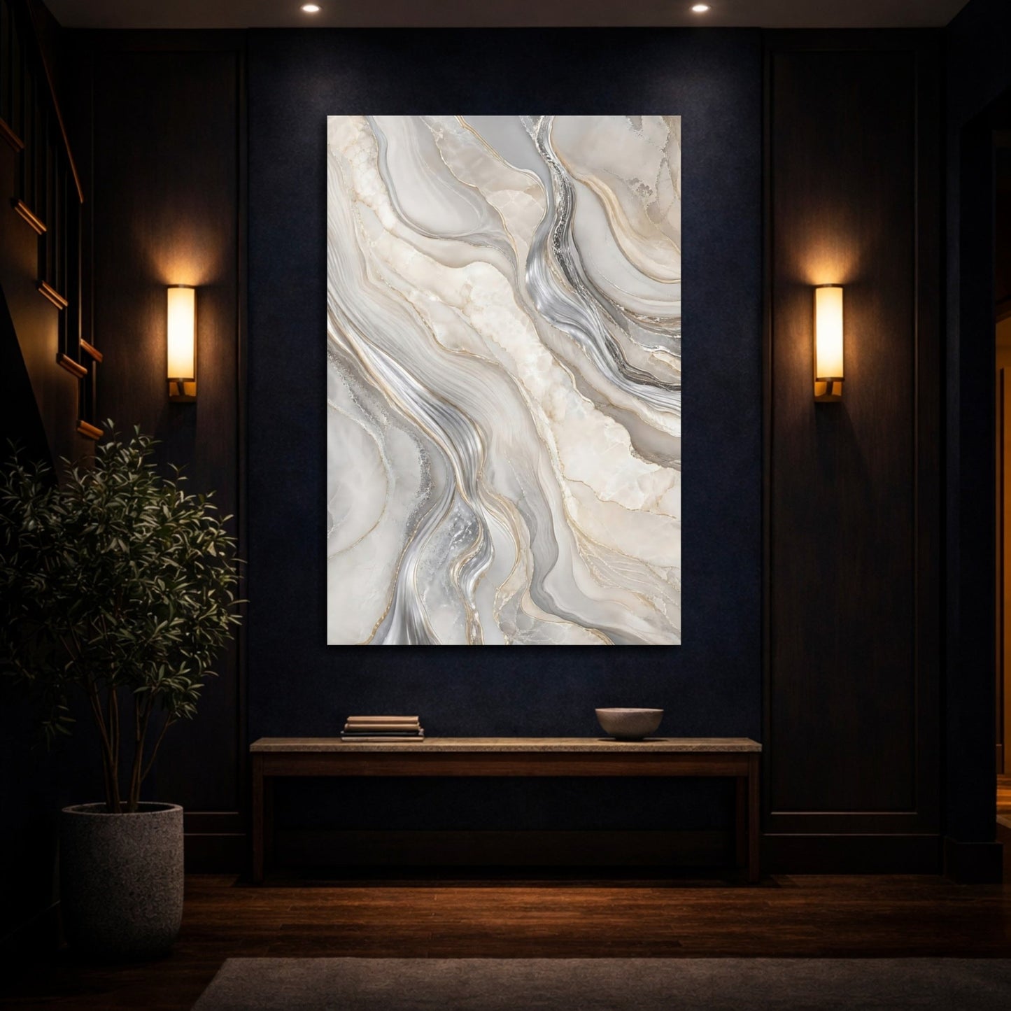 Abstract Marble Grey Gold Canvas Print – Modern Living Room, Above Console Table - YesArtYes