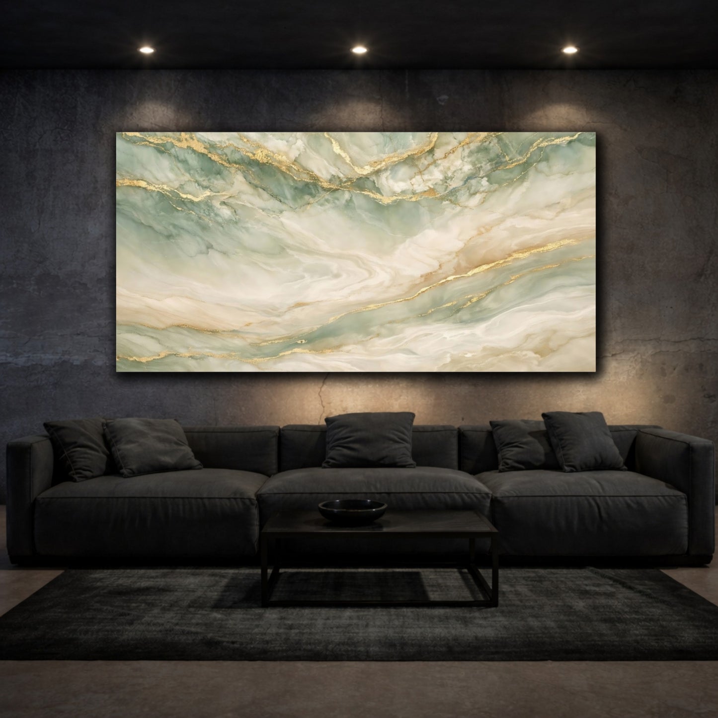 Mockup 2. Abstract Marble Mint Gold Marble shown as stretched canvas wall art
