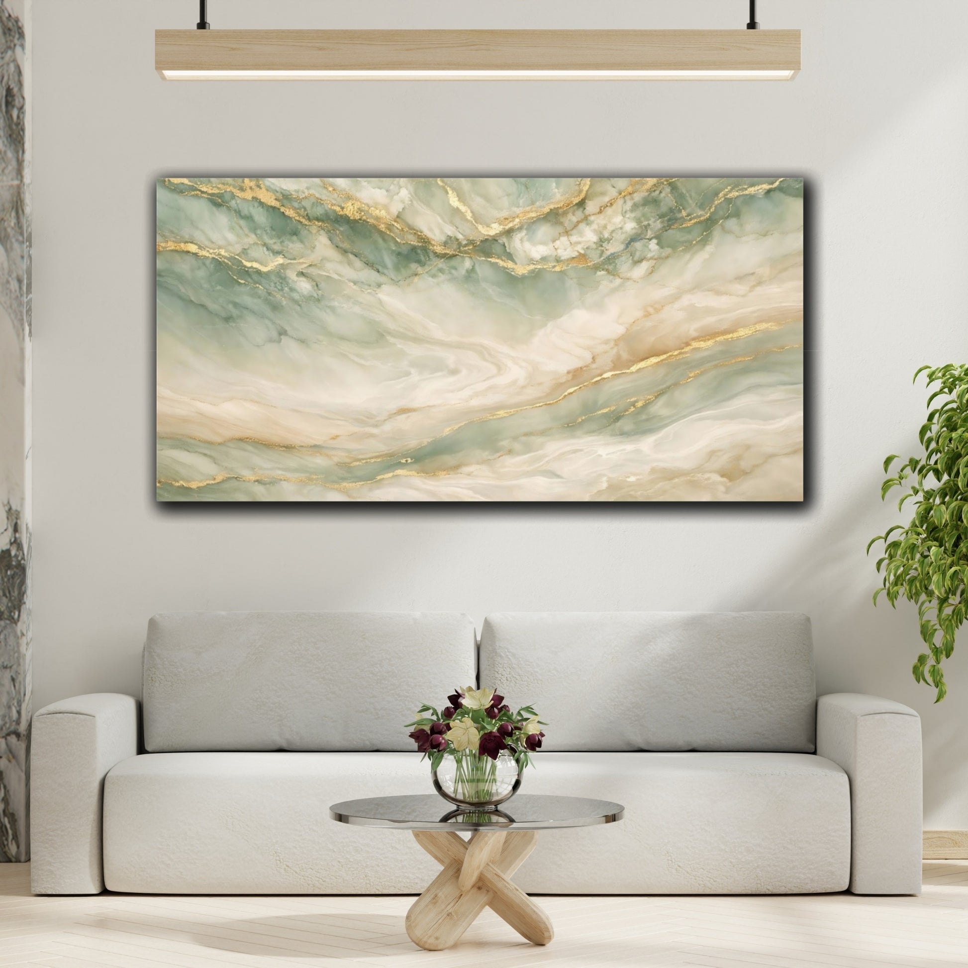 Mockup 3. Abstract Marble Mint Gold Marble shown as stretched canvas wall art