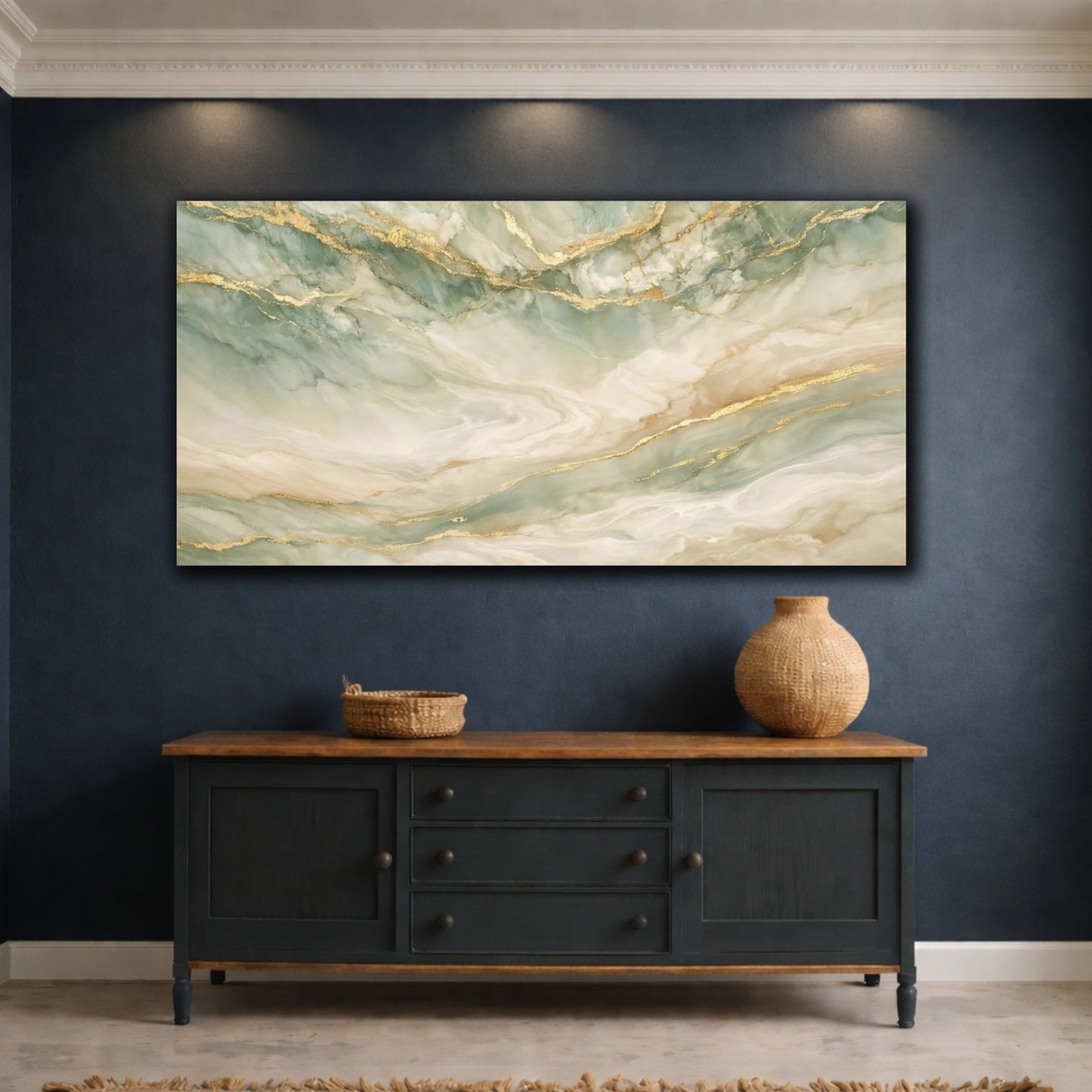 Mockup 4. Abstract Marble Mint Gold Marble shown as stretched canvas wall art
