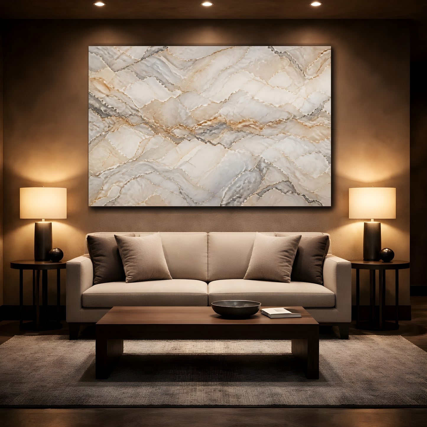 Mockup 2. Abstract Marble Pattern Beige Gold Marble shown as stretched canvas wall art