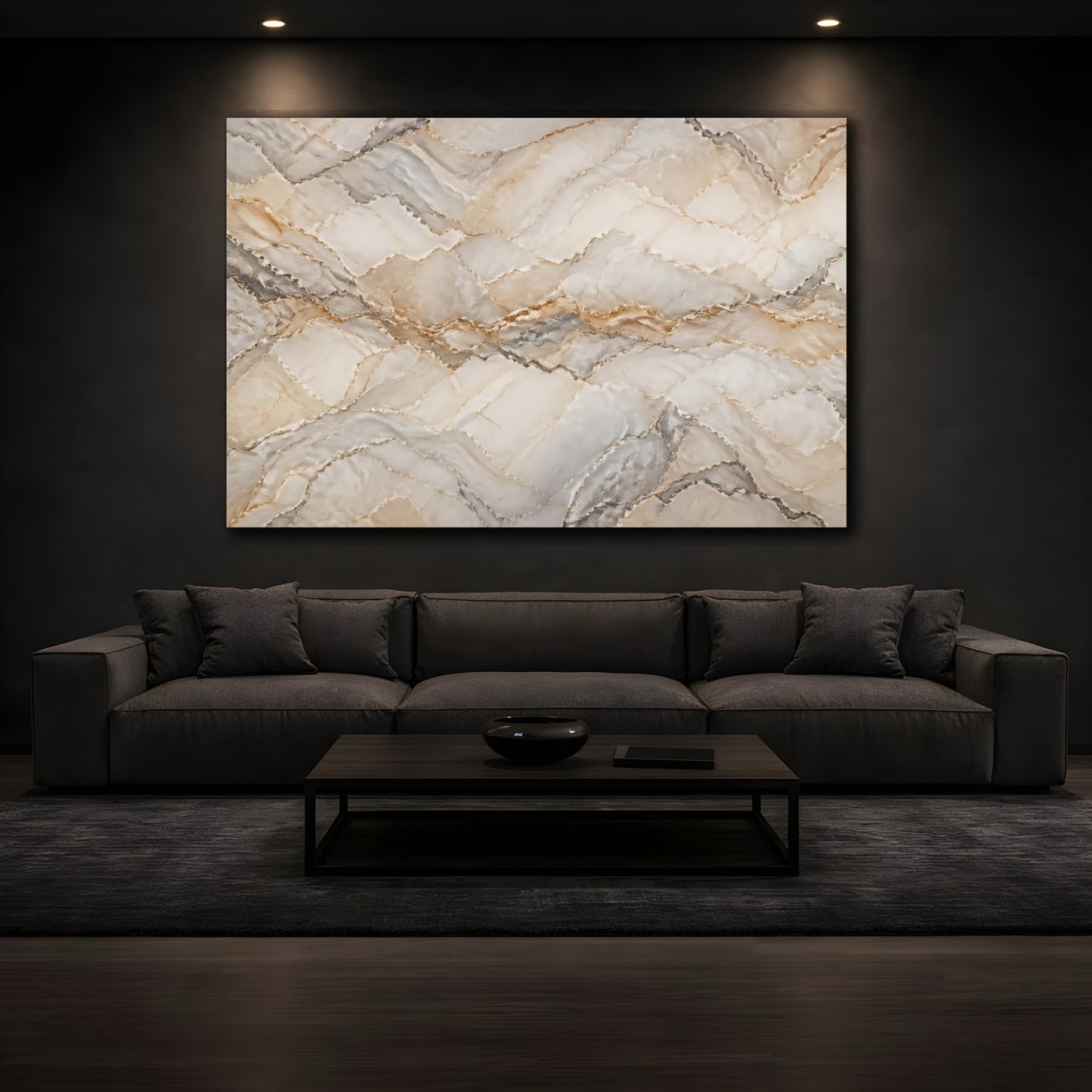 Mockup 3. Abstract Marble Pattern Beige Gold Marble shown as stretched canvas wall art