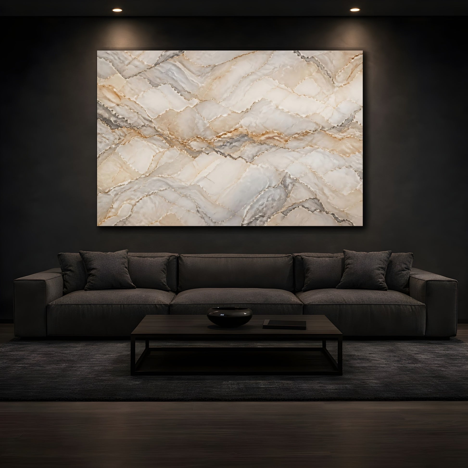 Mockup 3. Abstract Marble Pattern Beige Gold Marble shown as stretched canvas wall art