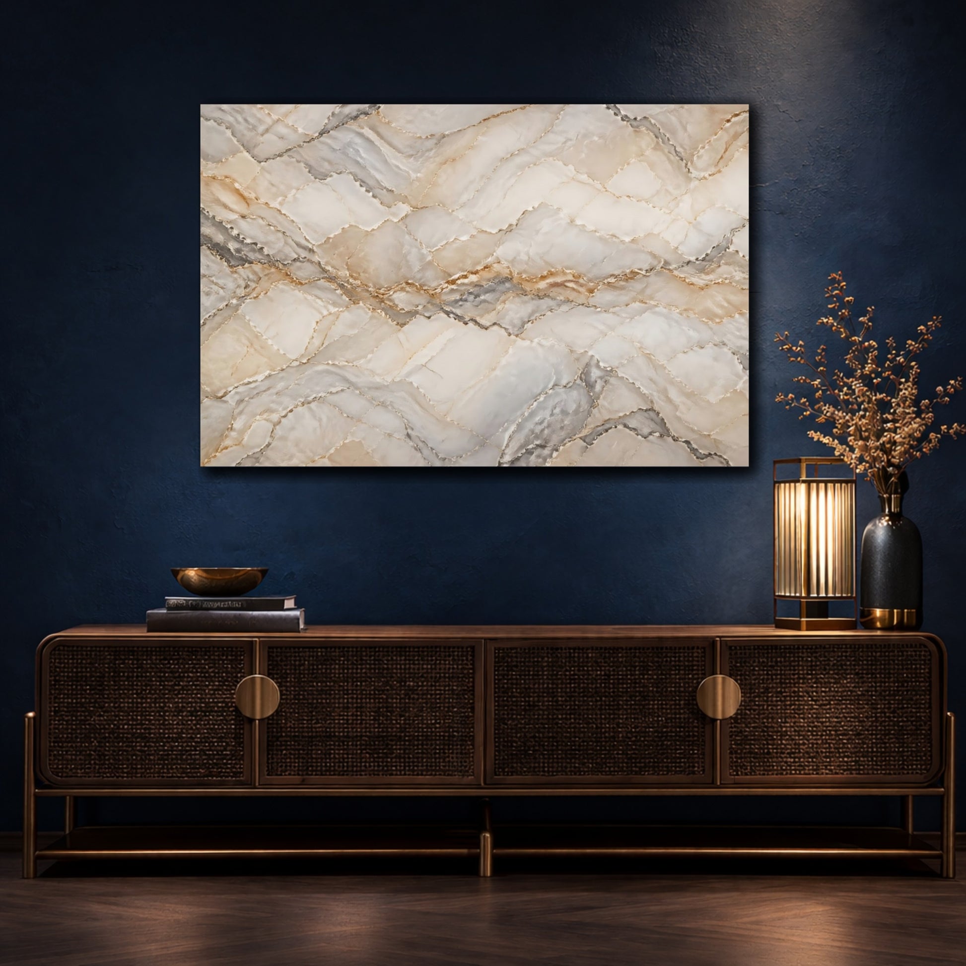 Mockup 4. Abstract Marble Pattern Beige Gold Marble shown as stretched canvas wall art