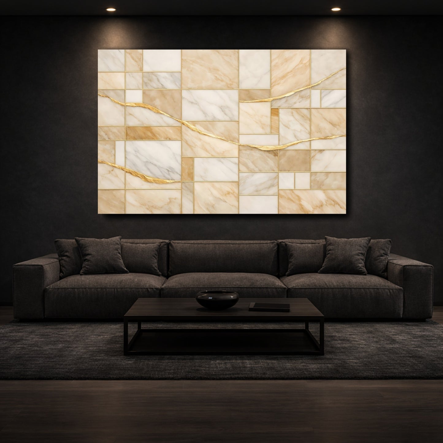 Mockup 2. Abstract Marble Pattern Beige Gold shown as stretched canvas wall art