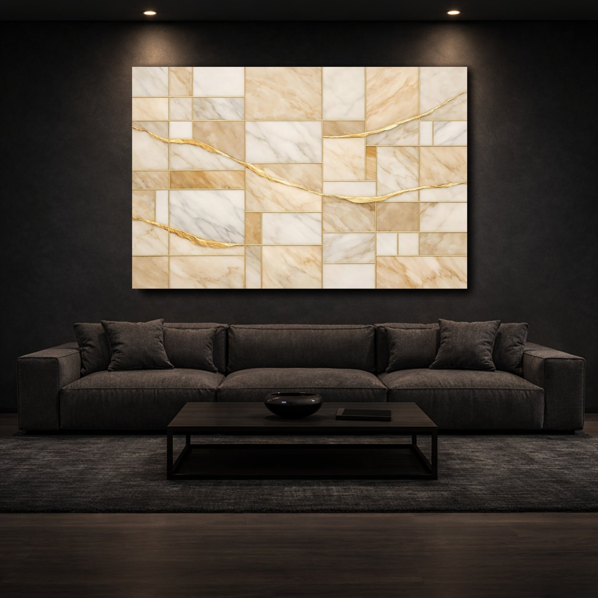 Mockup 2. Abstract Marble Pattern Beige Gold shown as stretched canvas wall art