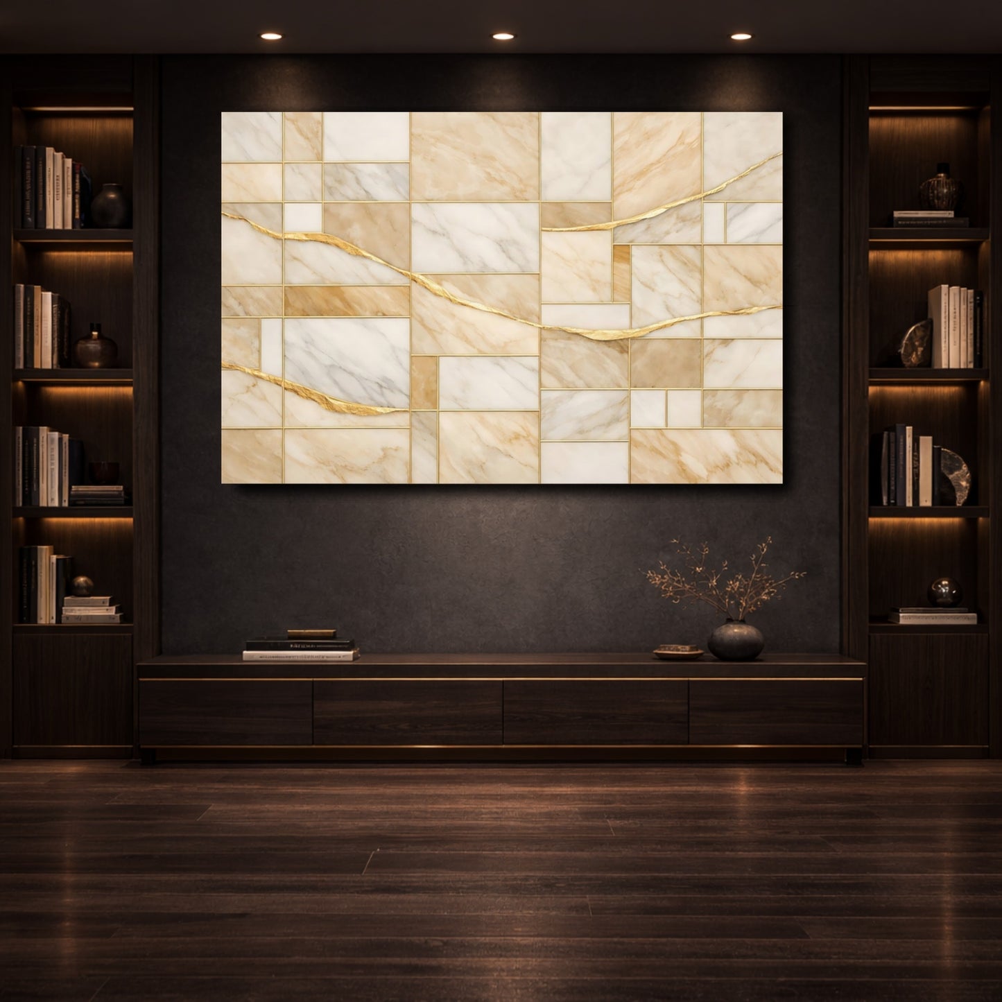 Mockup 3. Abstract Marble Pattern Beige Gold shown as stretched canvas wall art