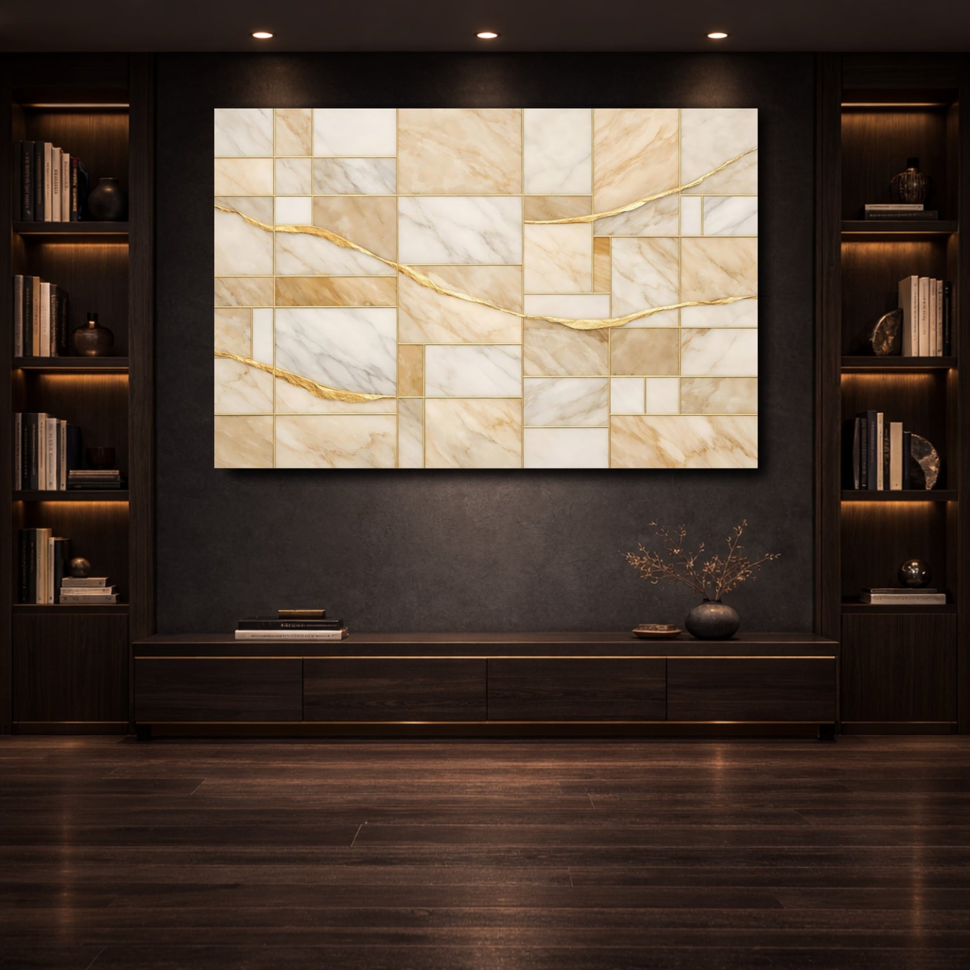 Mockup 3. Abstract Marble Pattern Beige Gold shown as stretched canvas wall art
