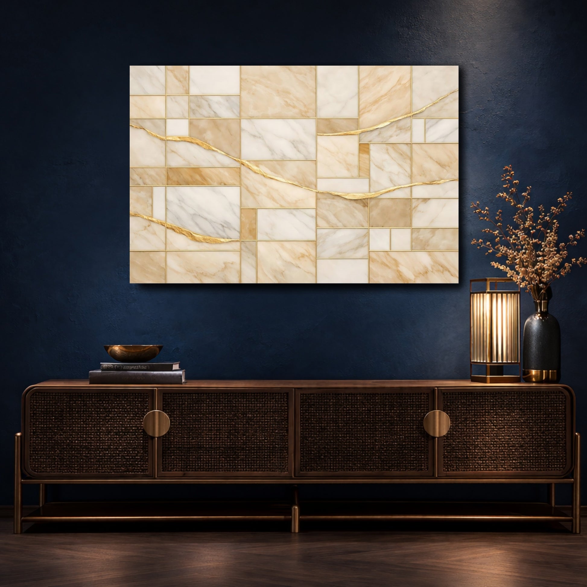 Mockup 4. Abstract Marble Pattern Beige Gold shown as stretched canvas wall art