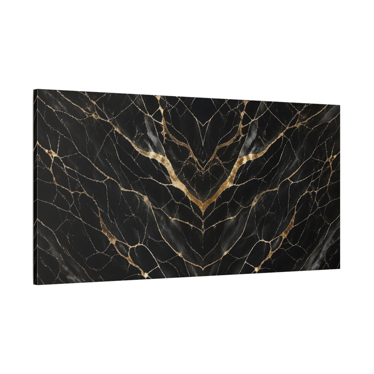 Side Mockup 2. Abstract Marble Pattern Black And Gold shown as stretched canvas wall art