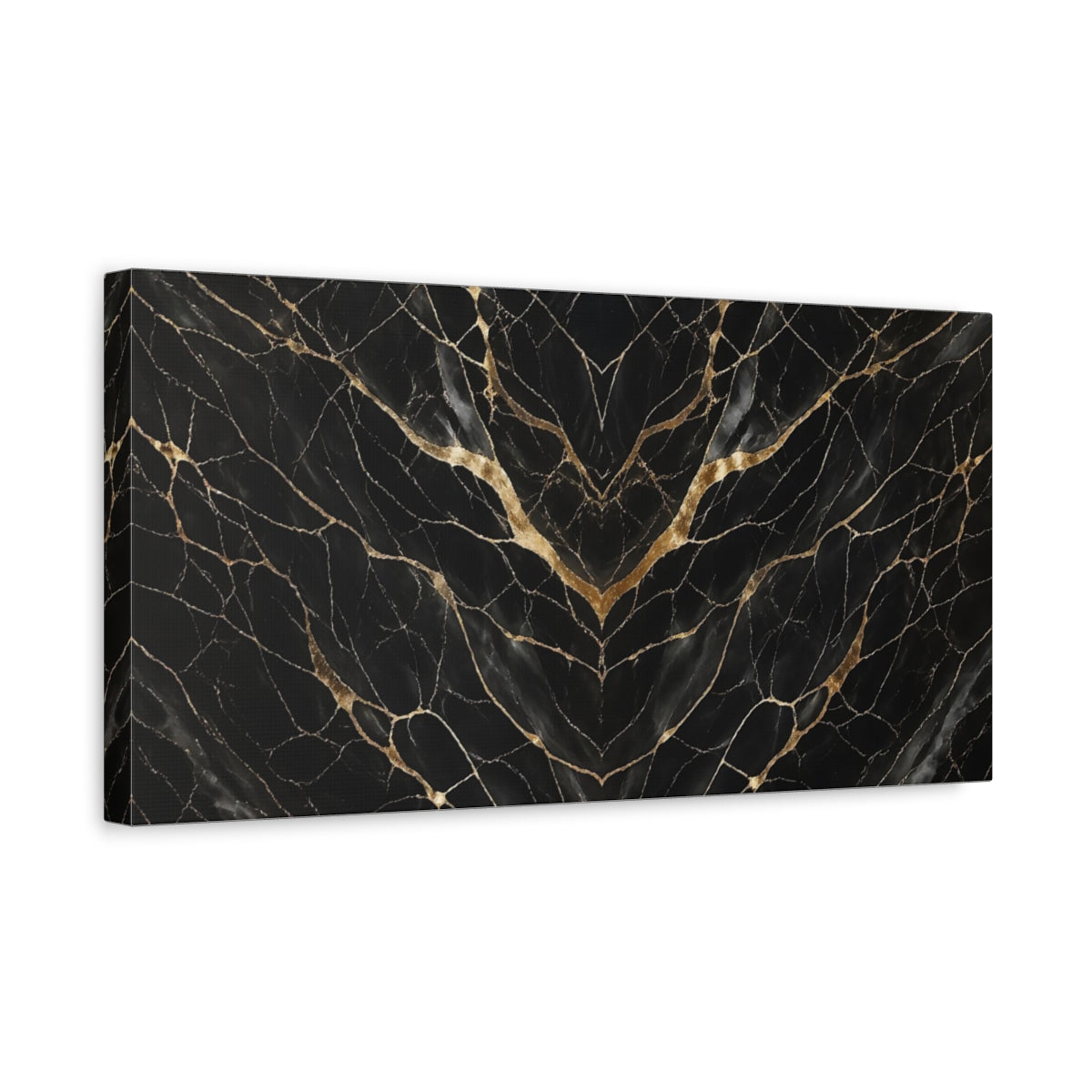 Side Mockup 3. Abstract Marble Pattern Black And Gold shown as stretched canvas wall art