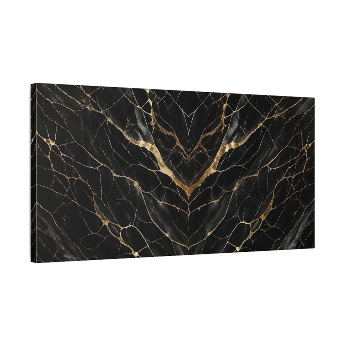 Side Mockup 1. Abstract Marble Pattern Black And Gold shown as stretched canvas wall art
