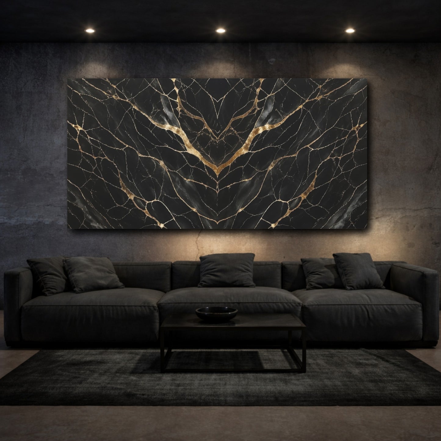 Mockup 2. Abstract Marble Pattern Black And Gold shown as stretched canvas wall art