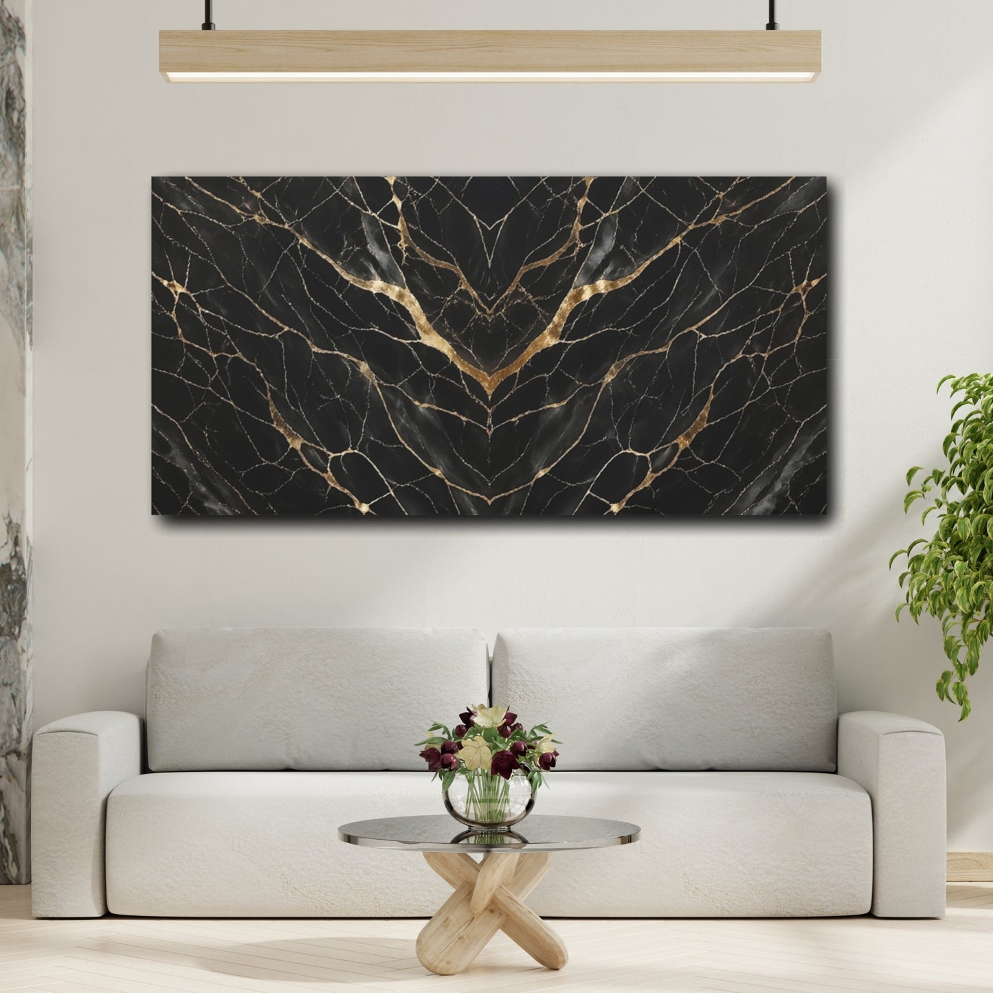 Mockup 3. Abstract Marble Pattern Black And Gold shown as stretched canvas wall art