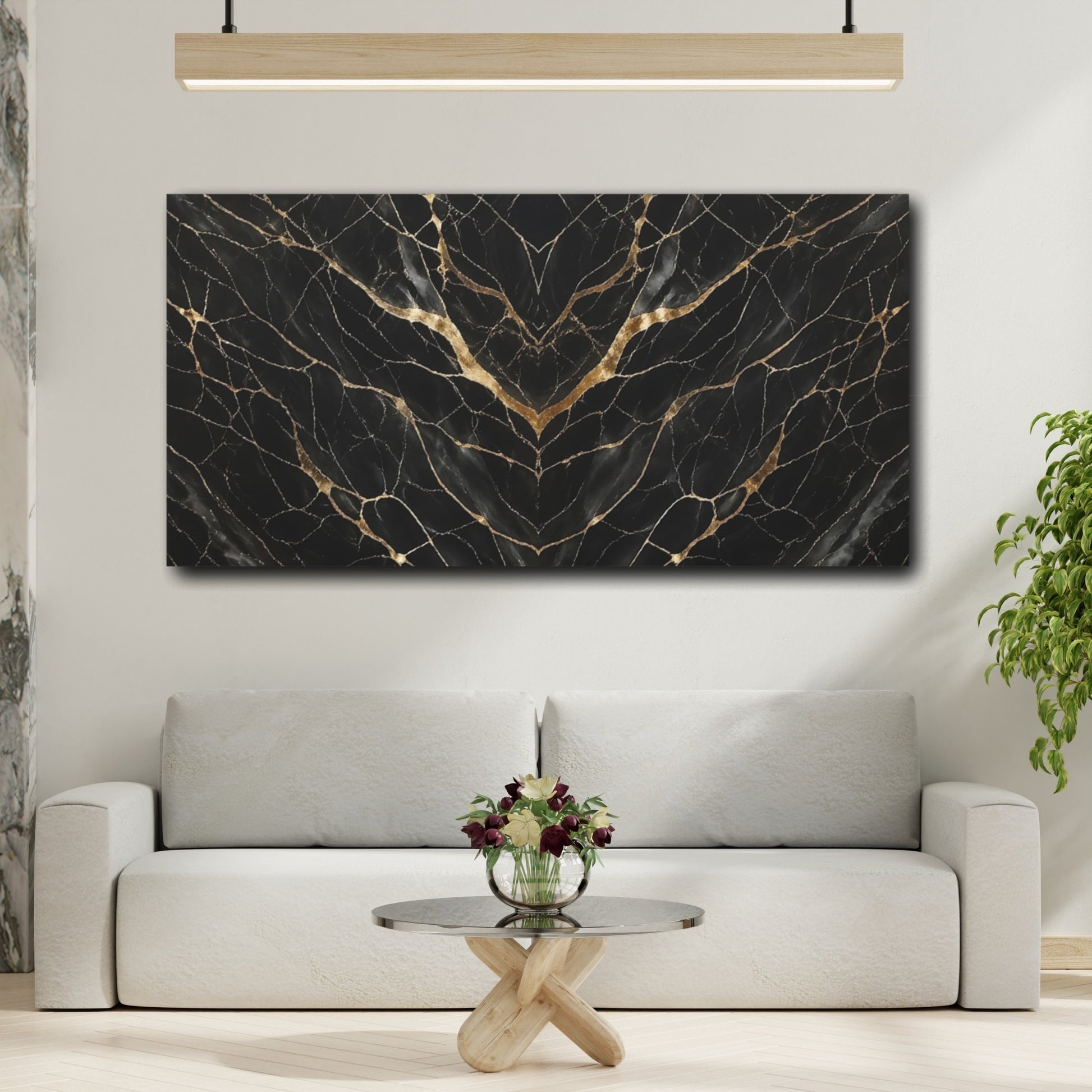 Mockup 3. Abstract Marble Pattern Black And Gold shown as stretched canvas wall art
